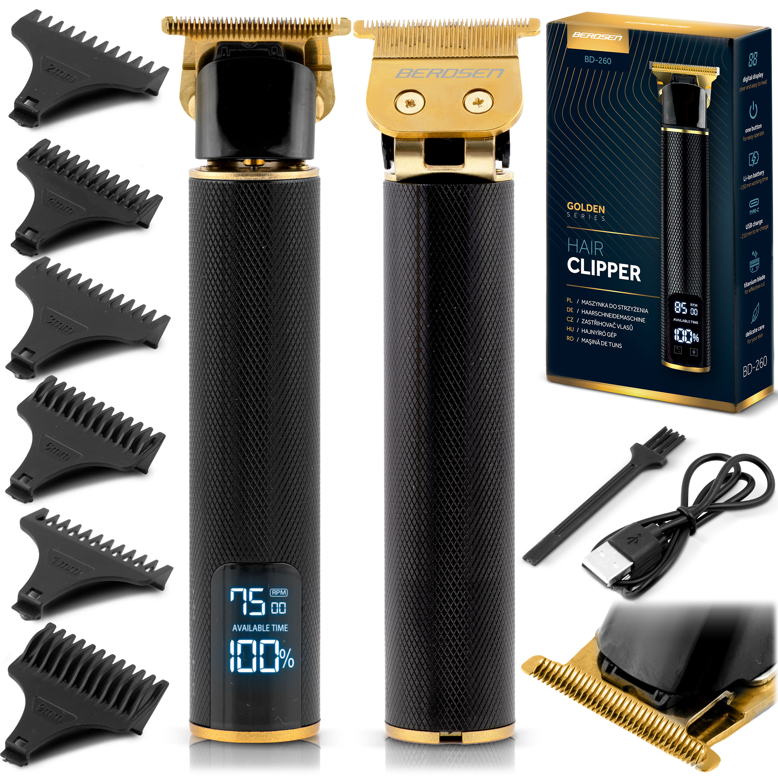 Obraz przedstawia czarno-złotą maszynkę do strzyżenia włosów z wieloma głowicami mocującymi i cyfrowym wyświetlaczem pokazującym 75 RPM i 100% dostępnego czasu.