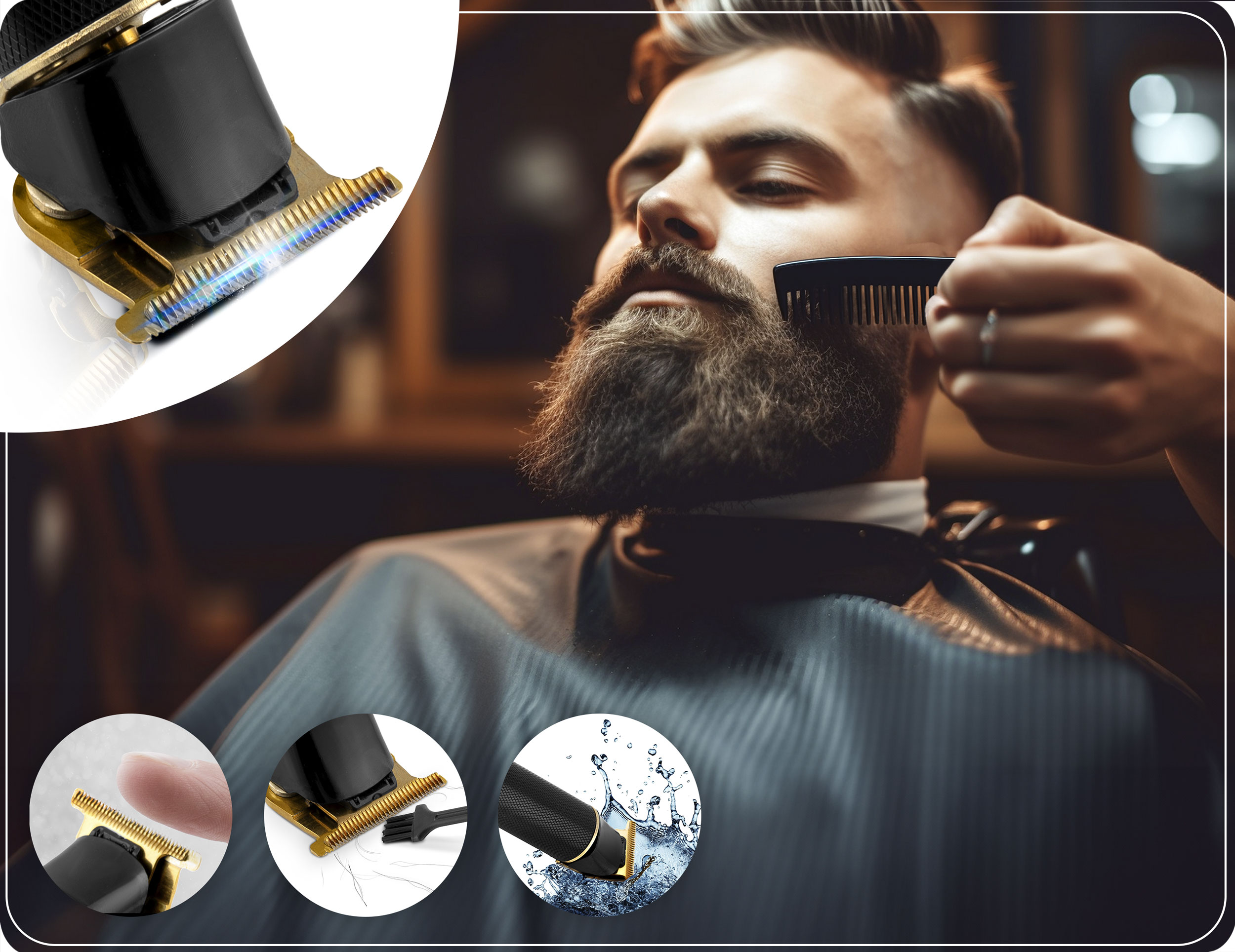 Fryzjer przycina brodę brodatemu mężczyźnie grzebieniem i elektrycznym trymerem w salonie fryzjerskim.