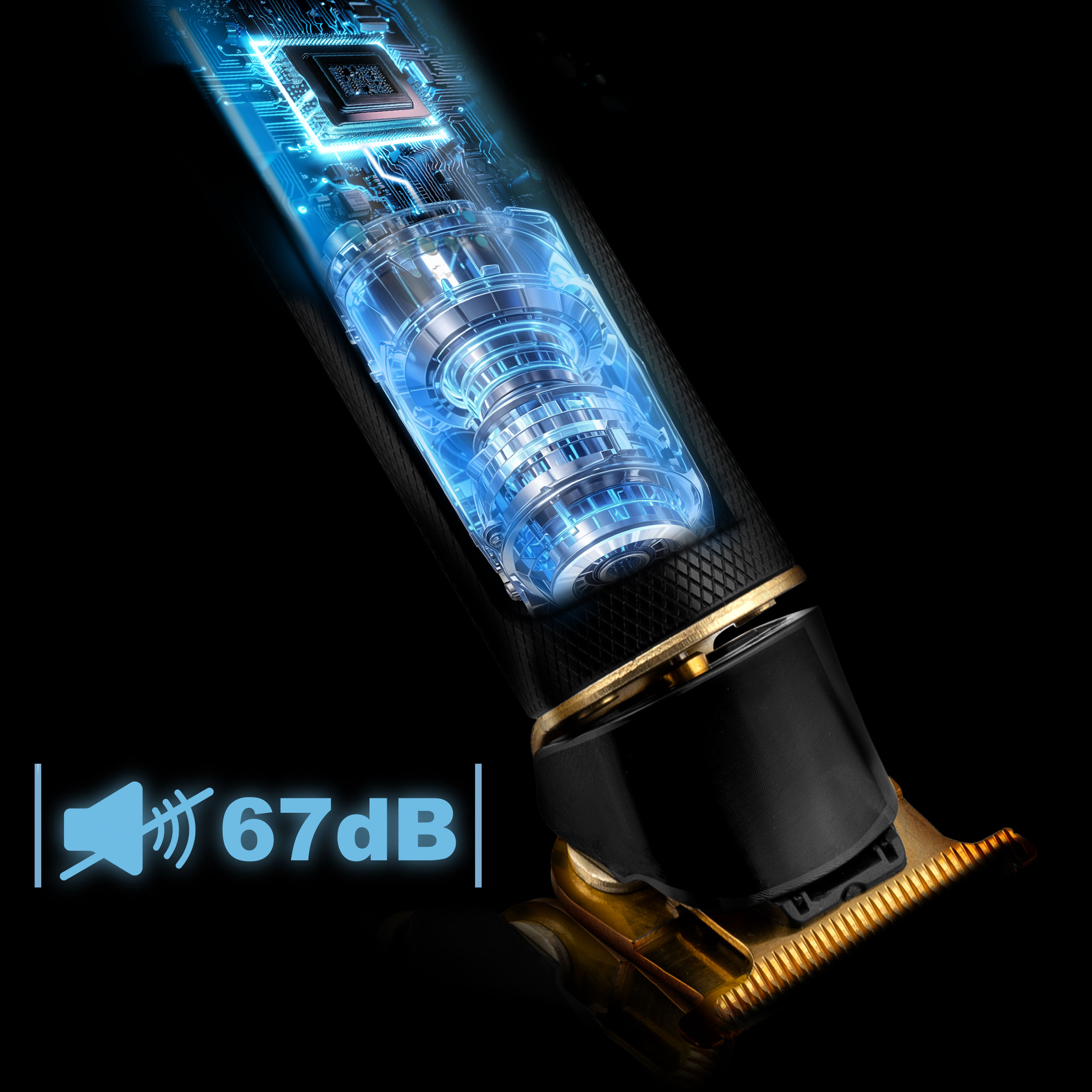 Obraz przedstawia czarny trymer ze złotymi ostrzami i mechanizmem wewnętrznym, wyświetlający poziom hałasu 67 decybeli.