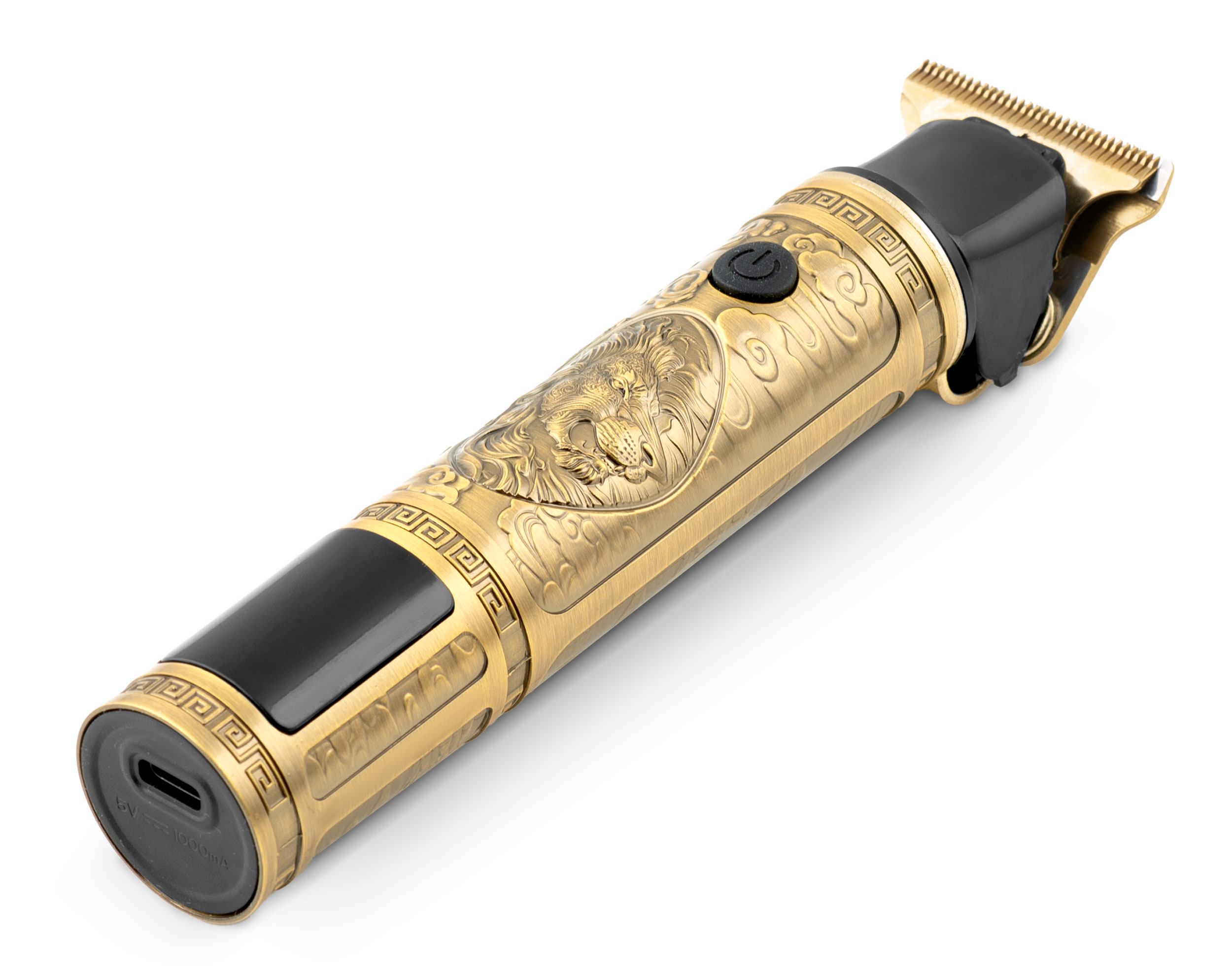Złoto-czarny trymer z motywem lwa. Widoczny czarny przycisk zasilania. Białe tło. Port USB-C.