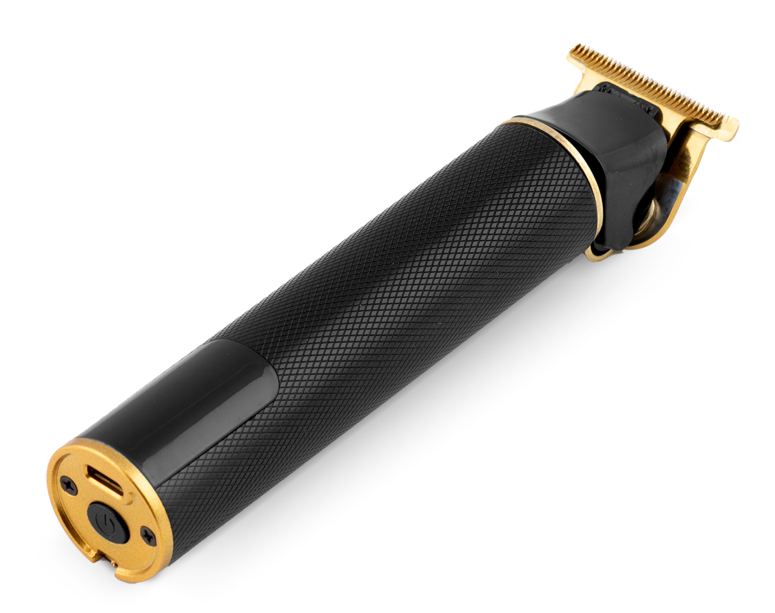 Czarno-złoty trymer leży ukośnie na białej powierzchni, ma teksturowany uchwyt i złotą głowicę tnącą.