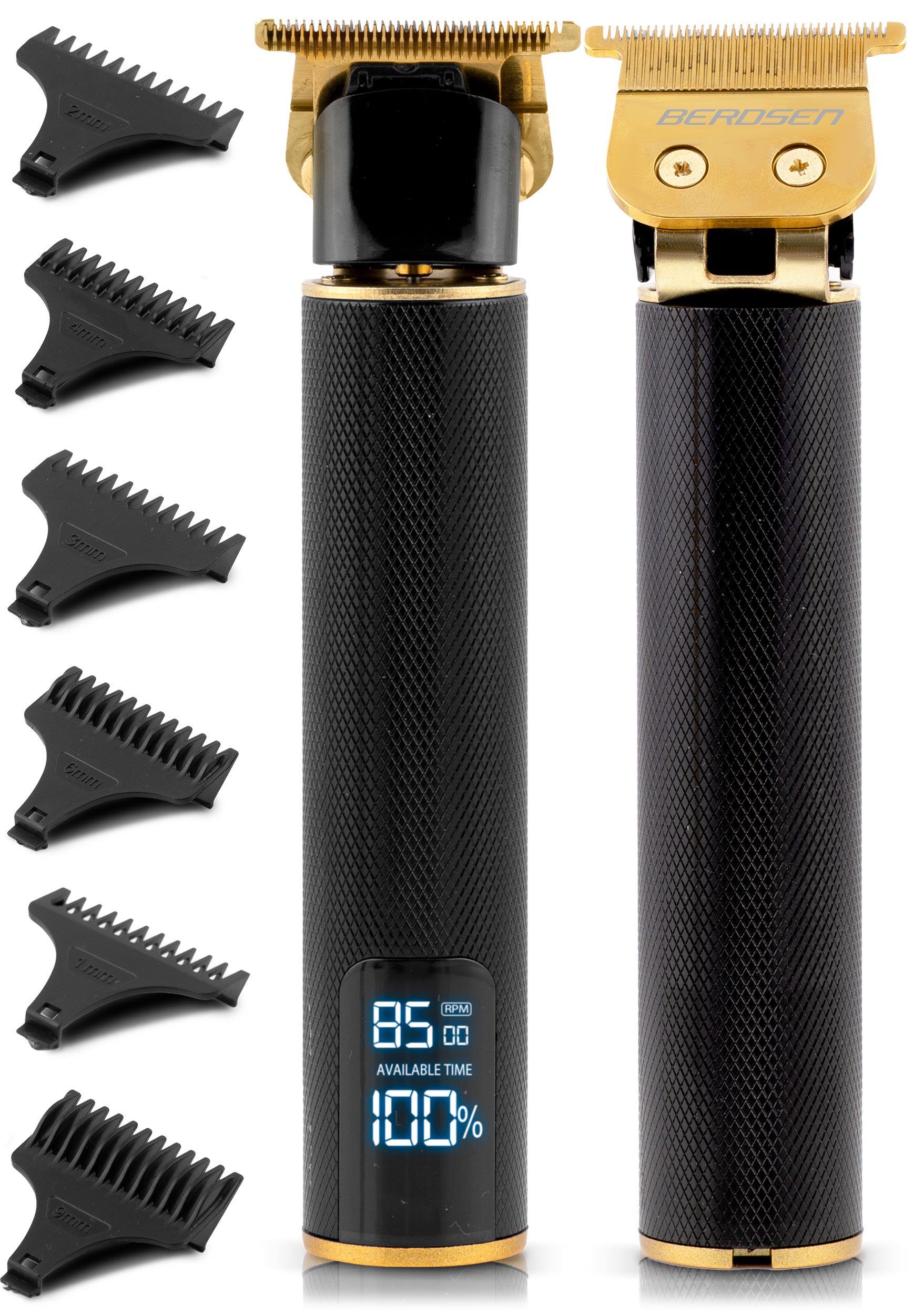 Dwa czarno-złote trymery stoją pionowo, otoczone wieloma czarnymi nasadkami do przycinania na białym tle.