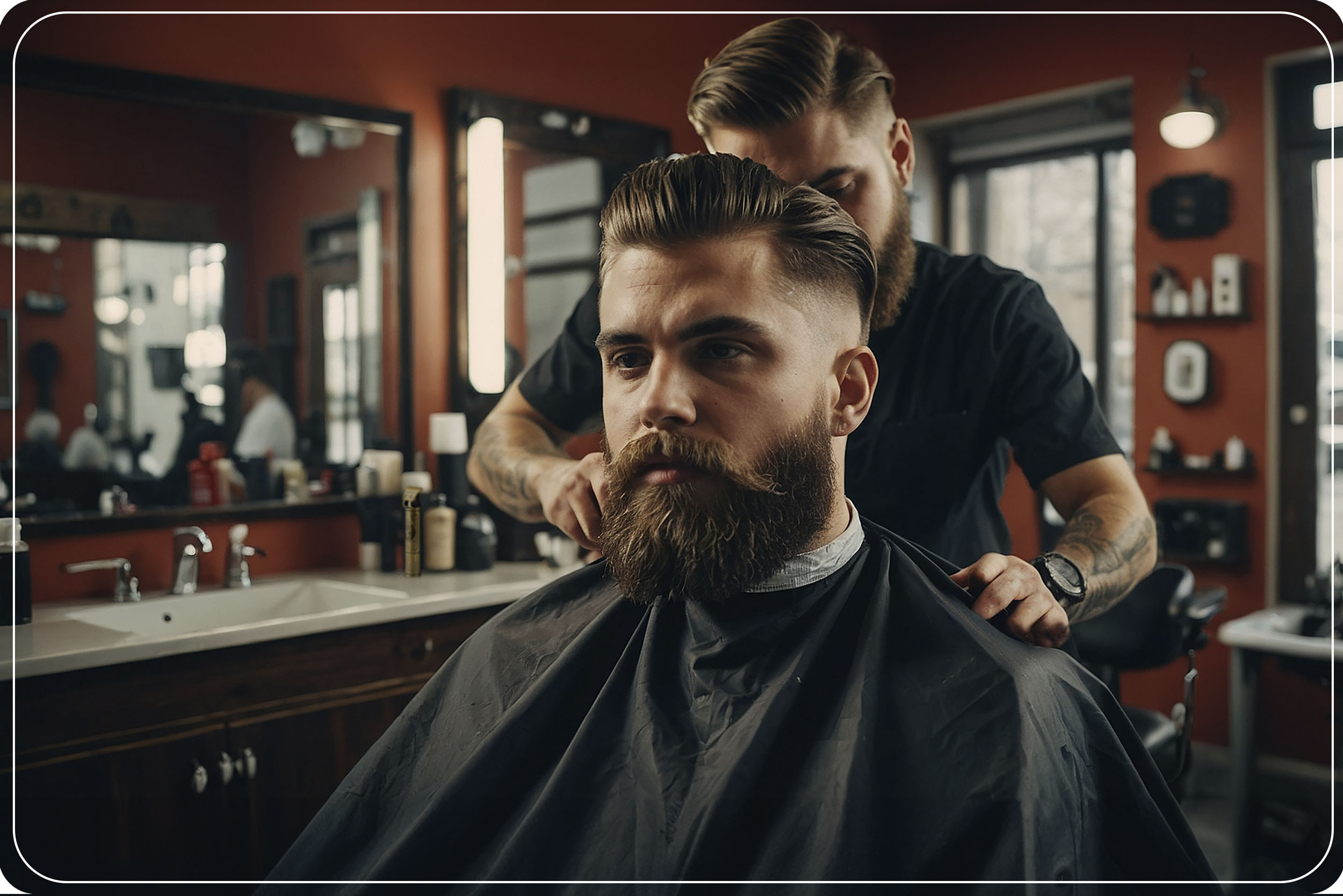 Obraz przedstawia fryzjera strzyżącego brodatego mężczyznę w salonie fryzjerskim z czerwonymi ścianami i lustrem w tle.