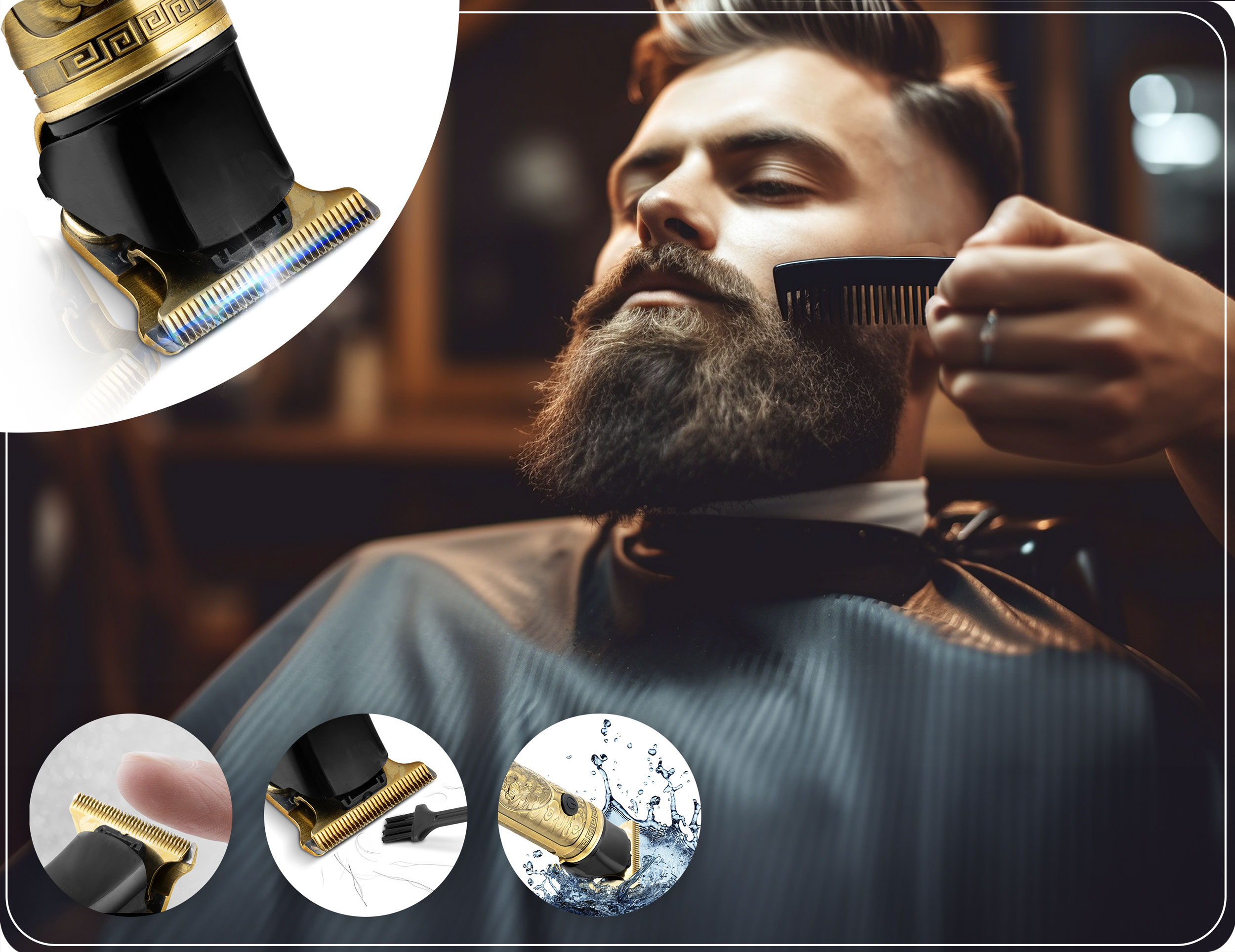 Obraz przedstawia mężczyznę, który przycina brodę maszynką do strzyżenia włosów i grzebieniem, z bliskimi ujęciami cech maszynki w kółkach.