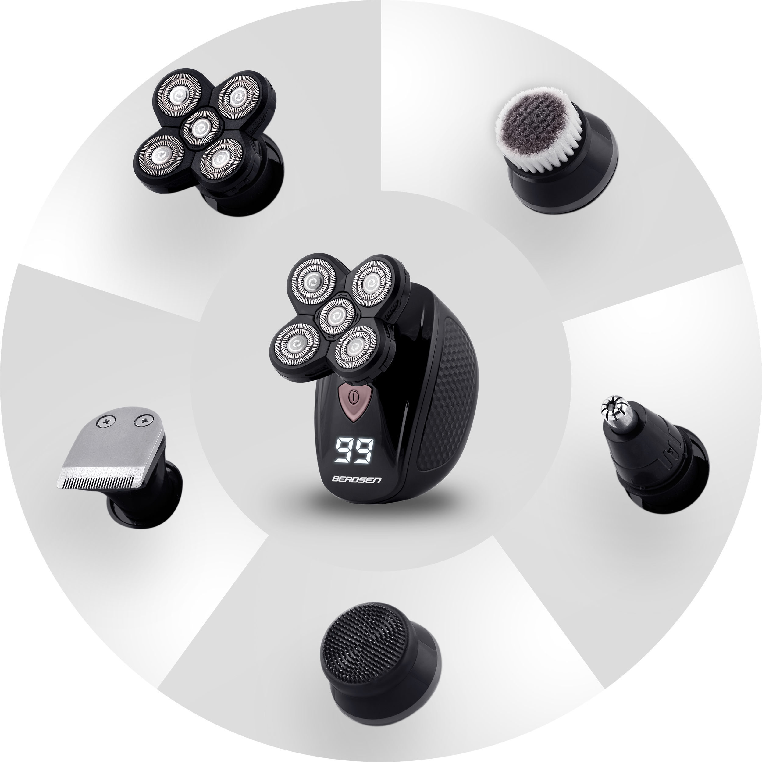 Golarka 5 w 1 z różnymi nasadkami wyświetlanymi wokół niej w okrągły wzór na białym tle.