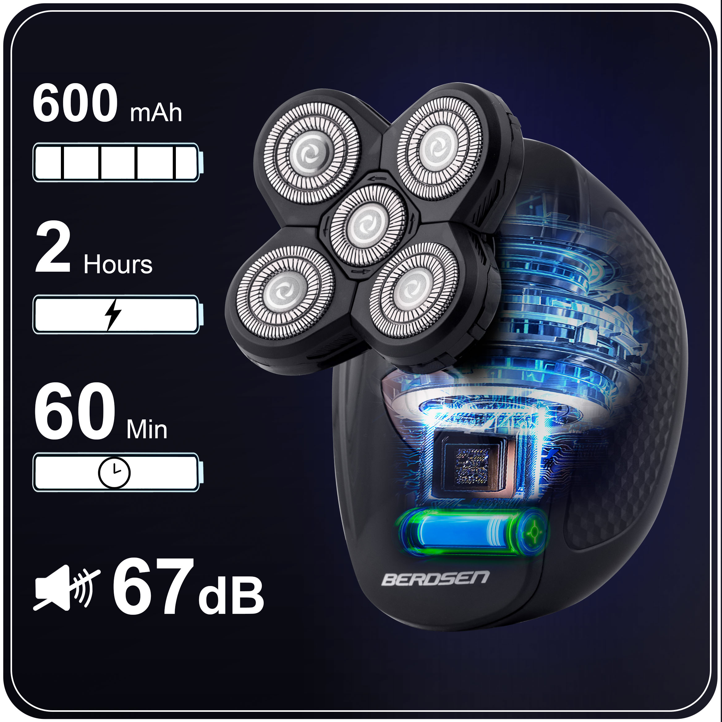 Golarka elektryczna 5-głowicowa z wyświetlaczem baterii i wewnętrznymi komponentami jest pokazana na ciemnym tle.