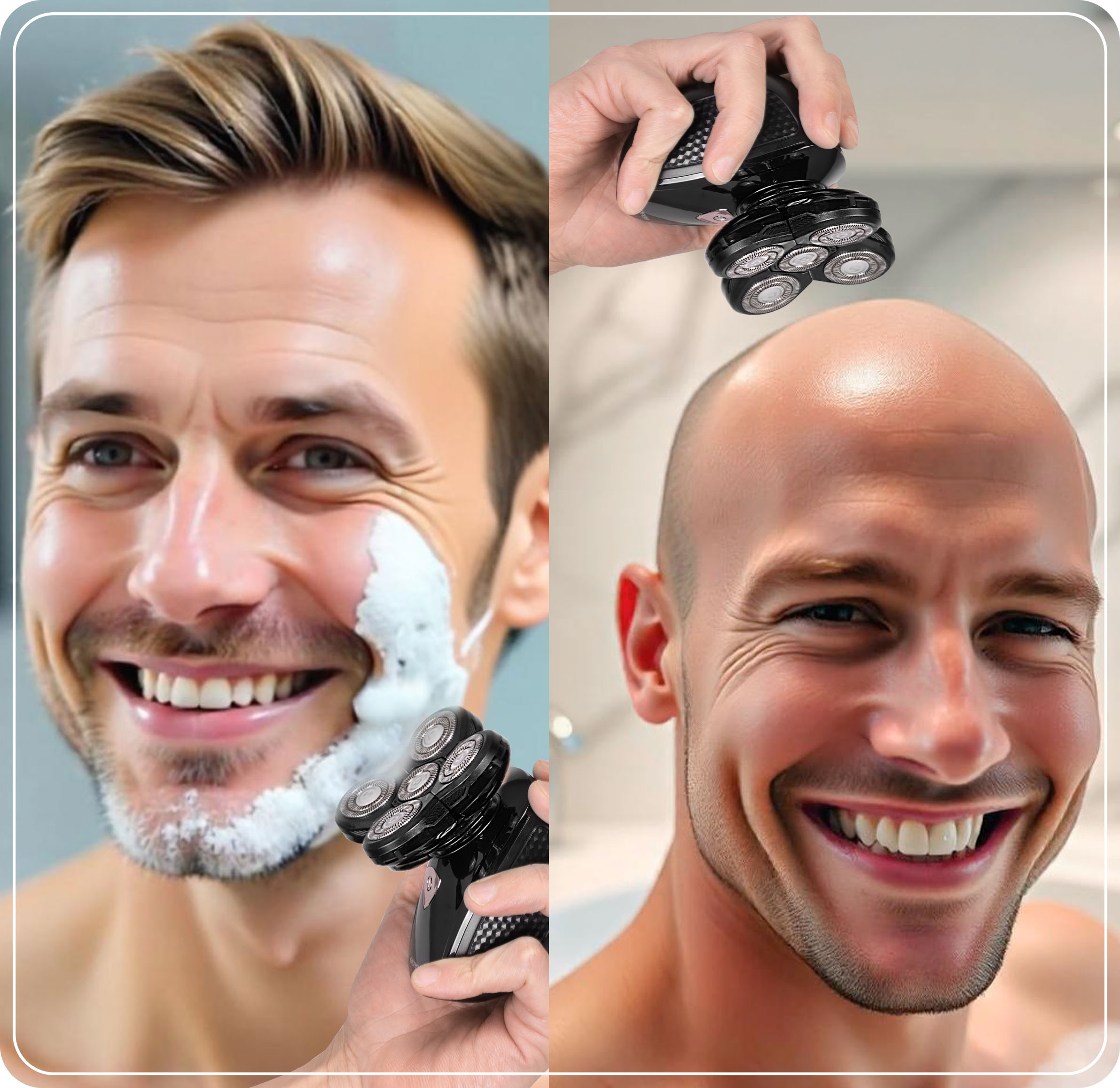 Podzielony obraz przedstawia mężczyznę golącego się pianką i innego mężczyznę z ogoloną głową, obaj uśmiechnięci.