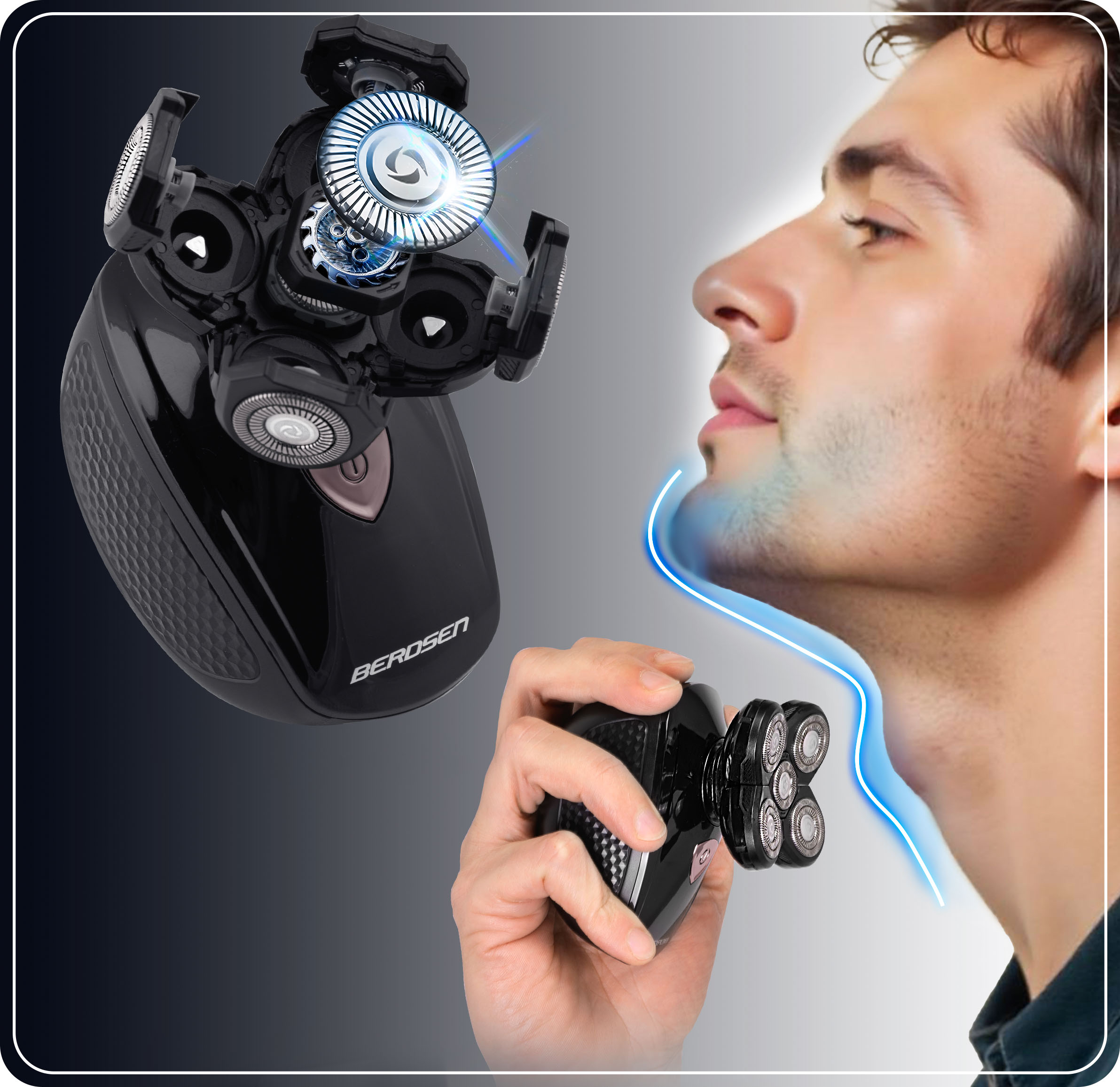 5-głowicowa golarka elektryczna jest demonstrowana na twarzy mężczyzny z niebieskimi liniami wskazującymi obszar golenia.