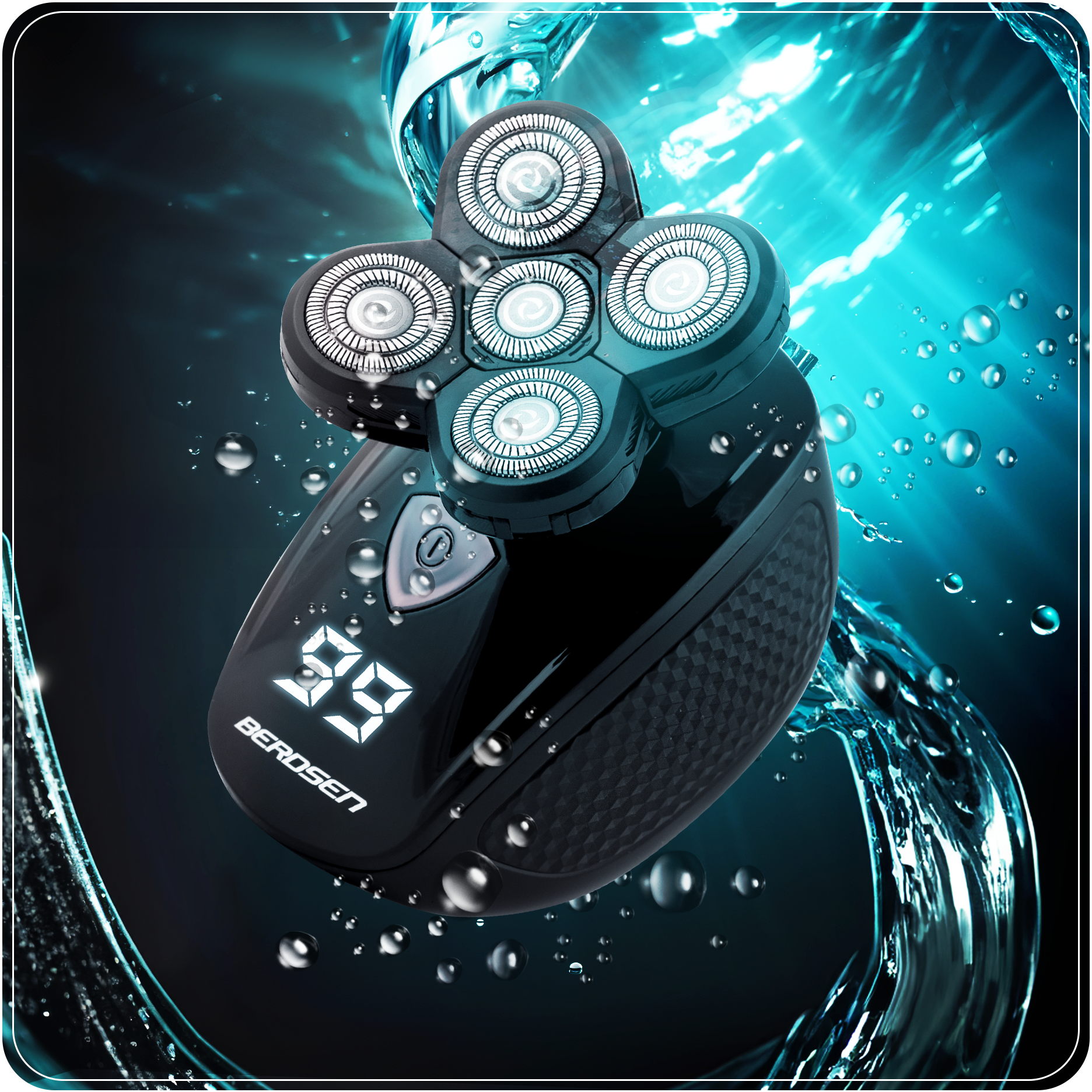 Czarna golarka elektryczna z pięcioma okrągłymi ostrzami na tle rozpryskującego się niebieskiego tła.