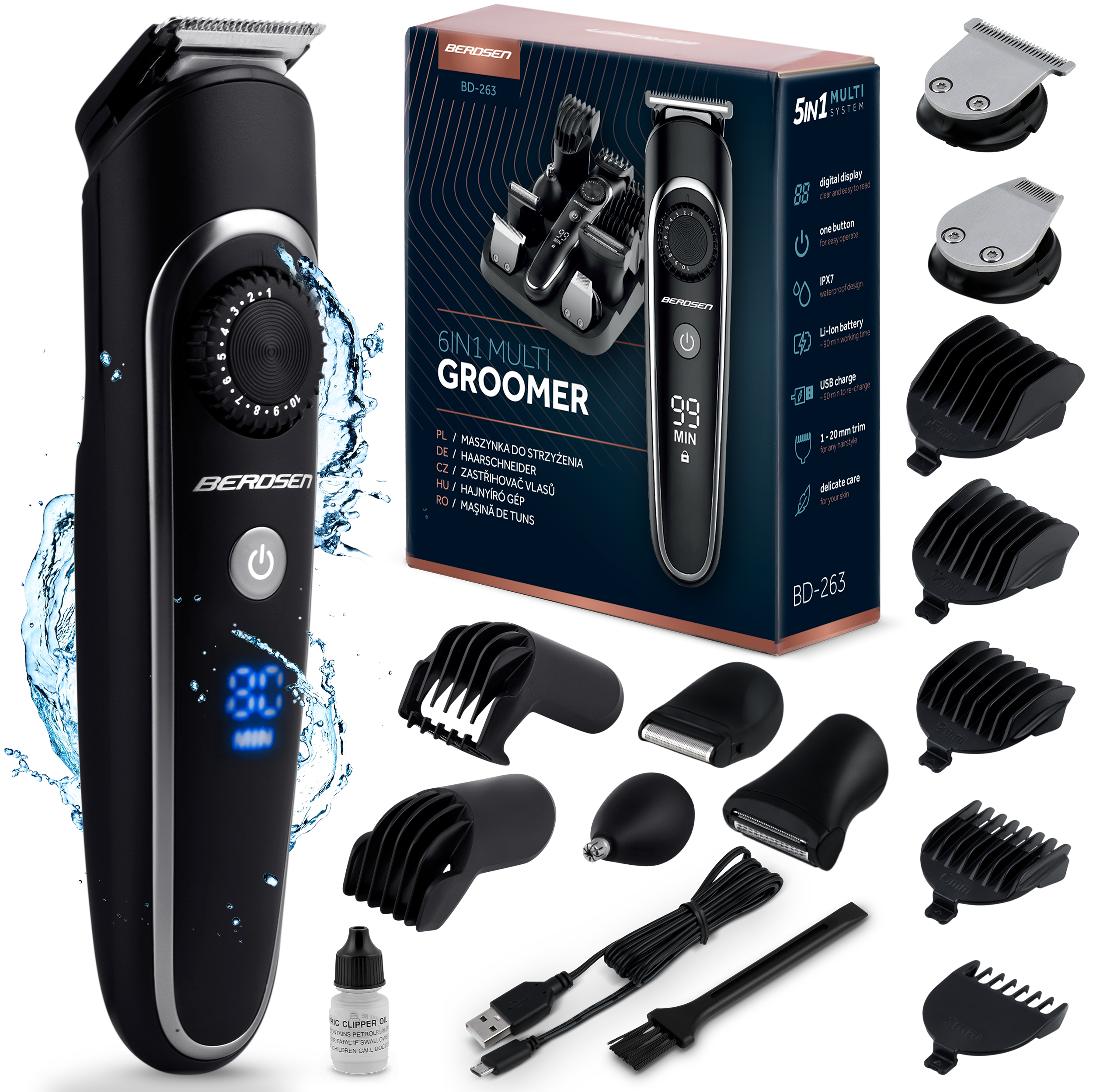 Czarny zestaw do pielęgnacji 6 w 1 z różnymi nasadkami, wyświetlaczem i akcesoriami na białym tle.