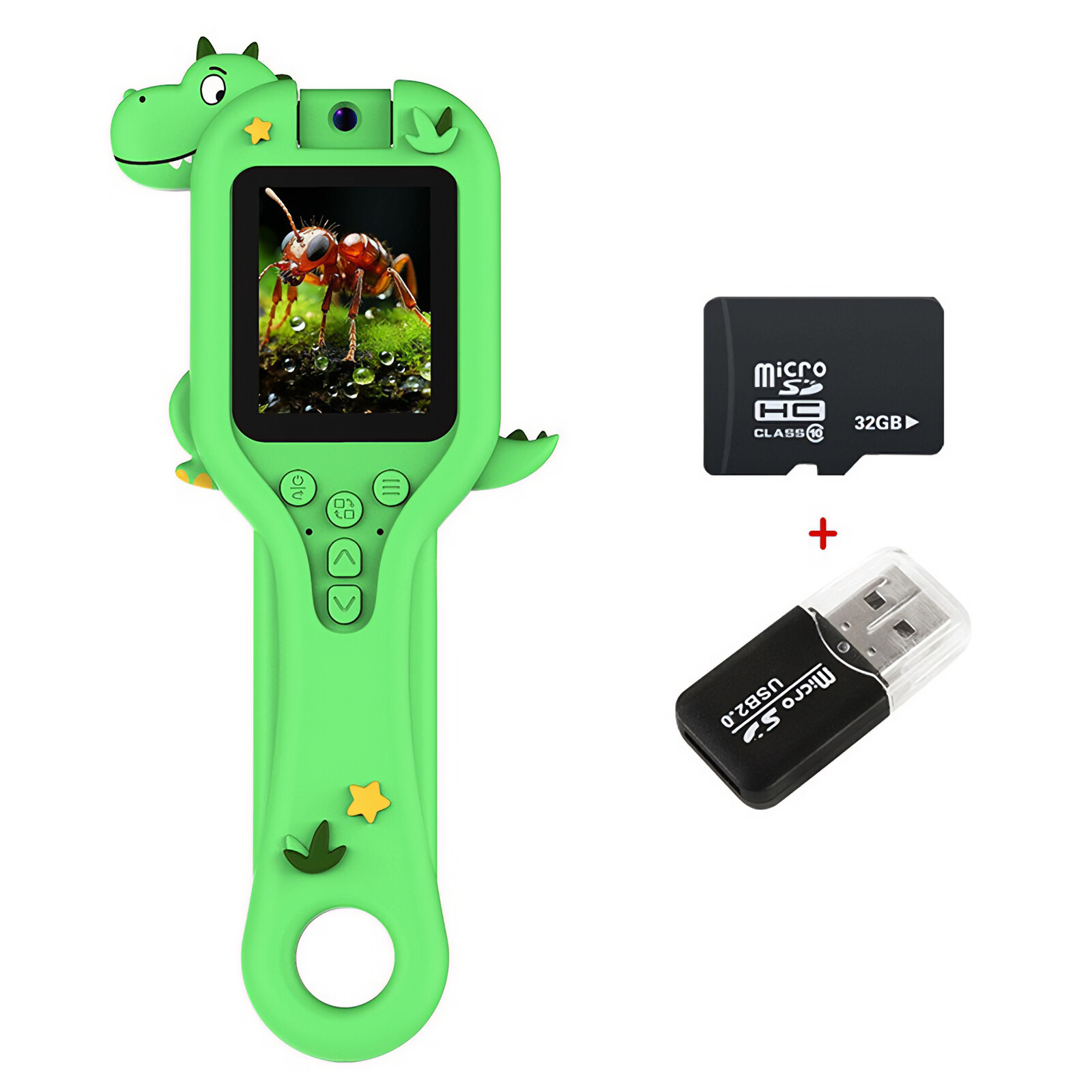 Eine grüne, dinosaurierförmige Kamera mit einer Ameise auf dem Bildschirm, neben einer Speicherkarte und einem USB-Laufwerk.