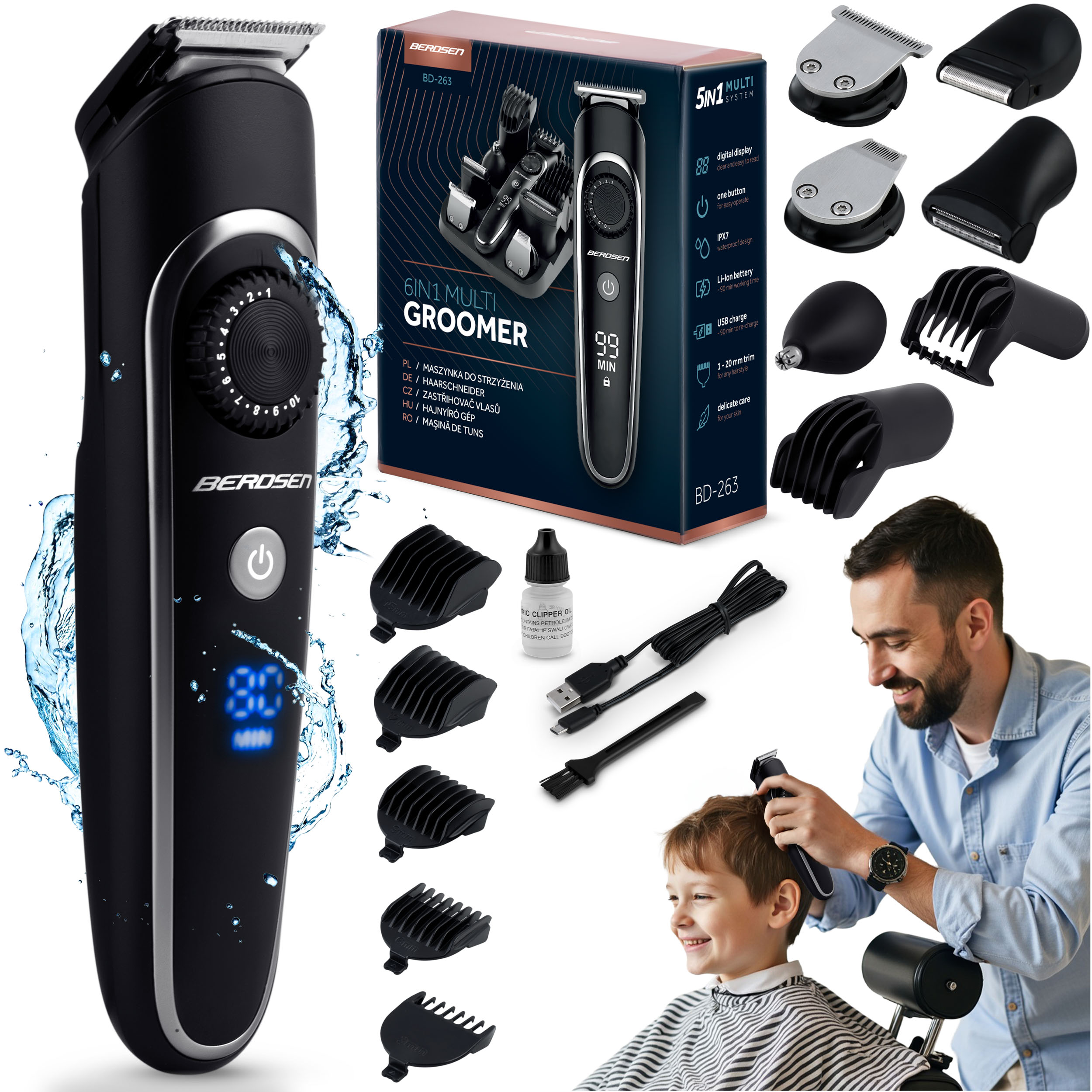 Zestaw do pielęgnacji wielofunkcyjnej 6 w 1, w tym trymer, pudełko, nasadki i dziecko, które jest obcinane.