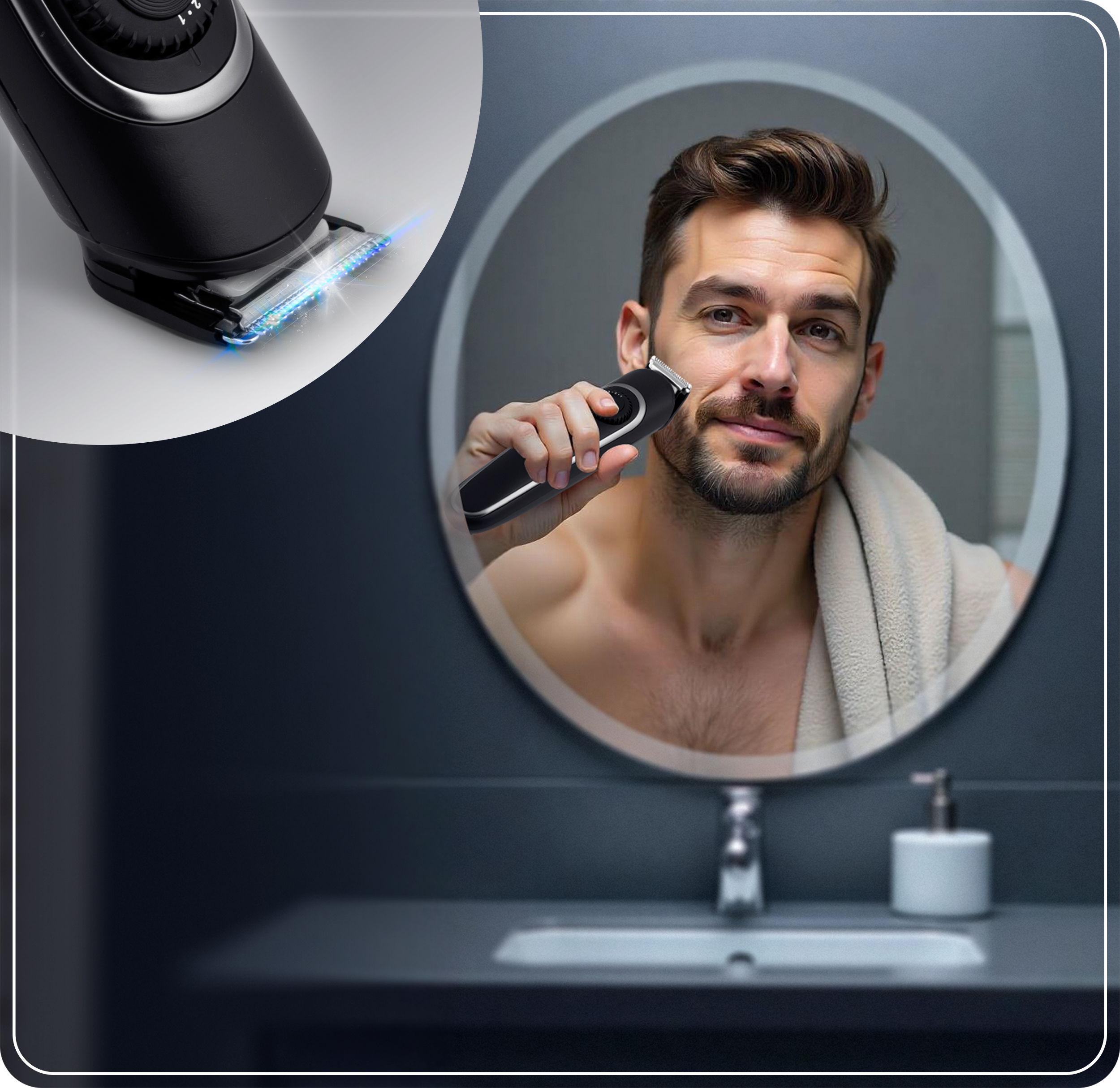 Mężczyzna przycina brodę czarnym trymerem przed lustrem w łazience.