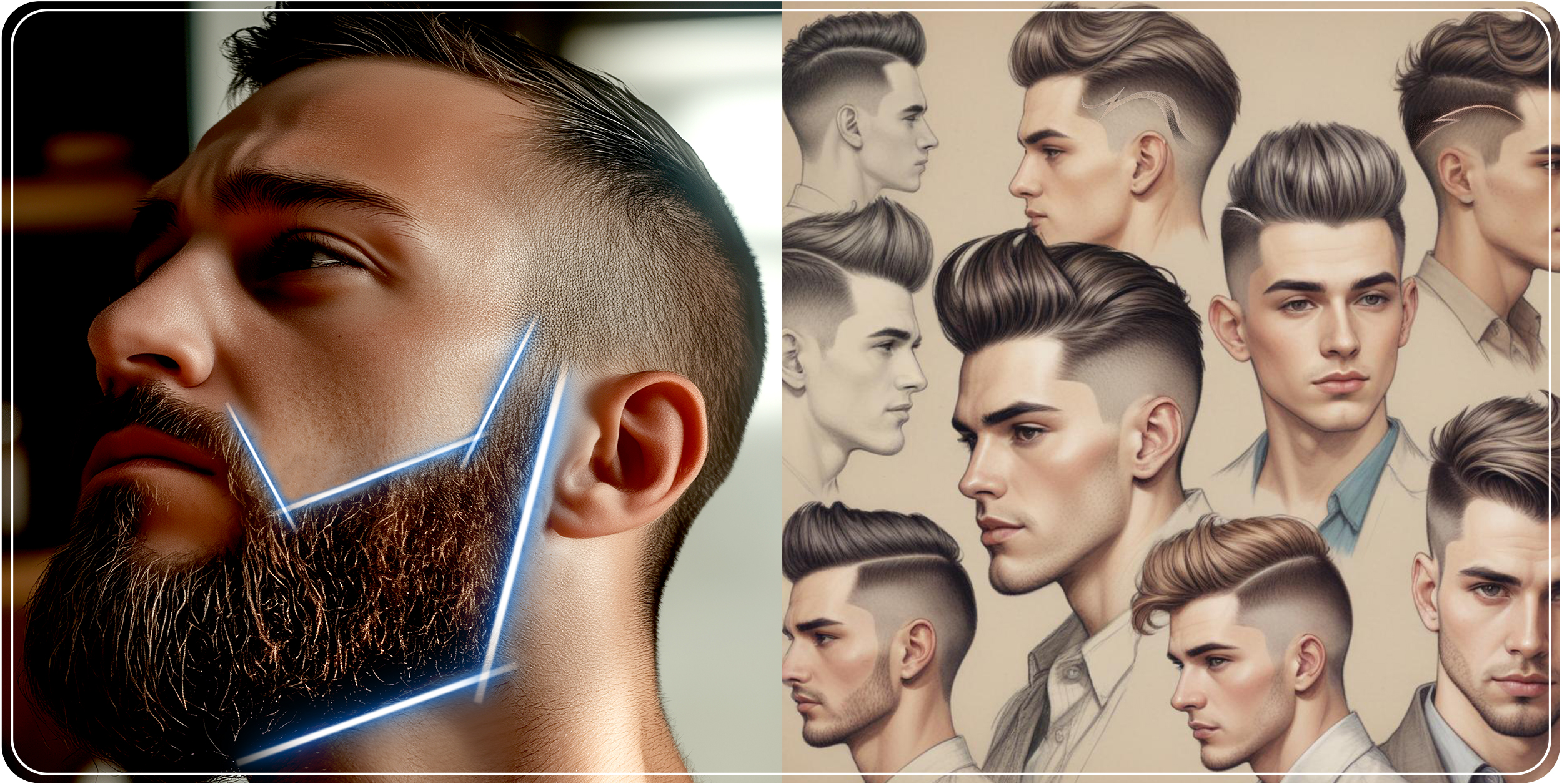 Obraz z podzielonym widokiem przedstawiającym męskie fryzury i kontury pielęgnacji brody.