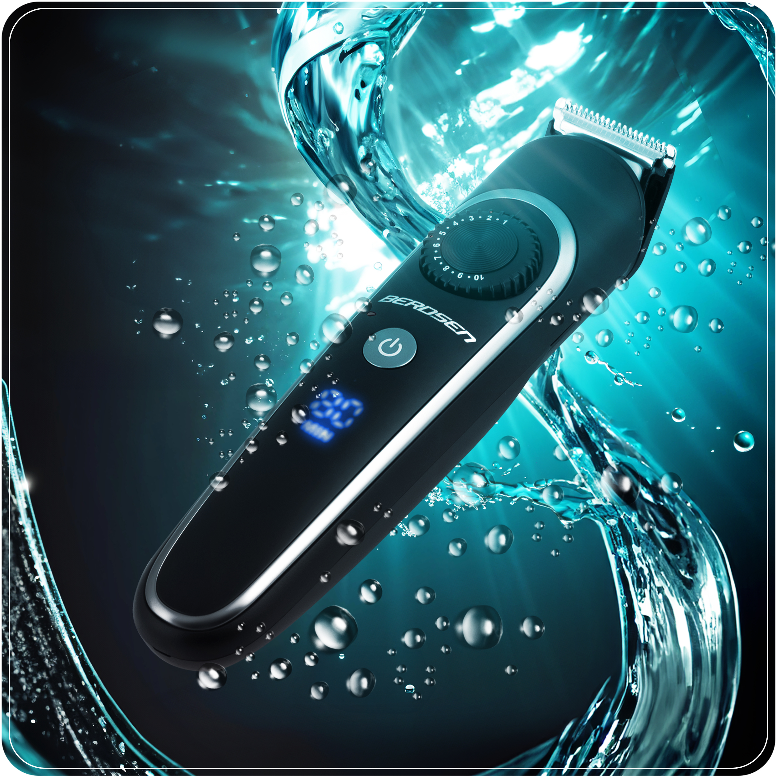 Elegancka, czarna maszynka elektryczna otoczona jest kroplami wody, podkreślając jej nowoczesny wygląd i wodoodporność.