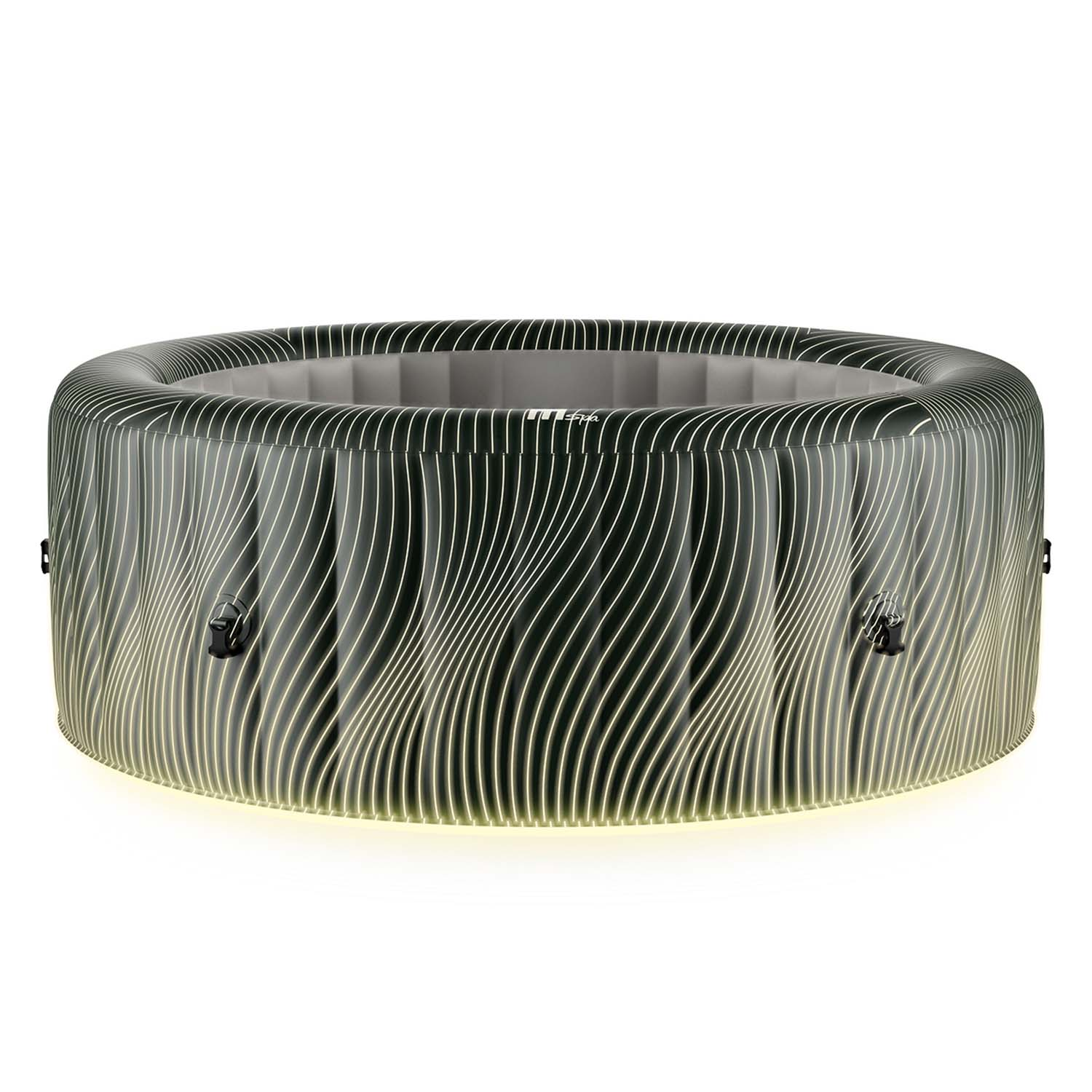 Okrągła wanna z hydromasażem z ciemnozielonymi i białymi paskami na białym tle, ukazująca prosty design.
