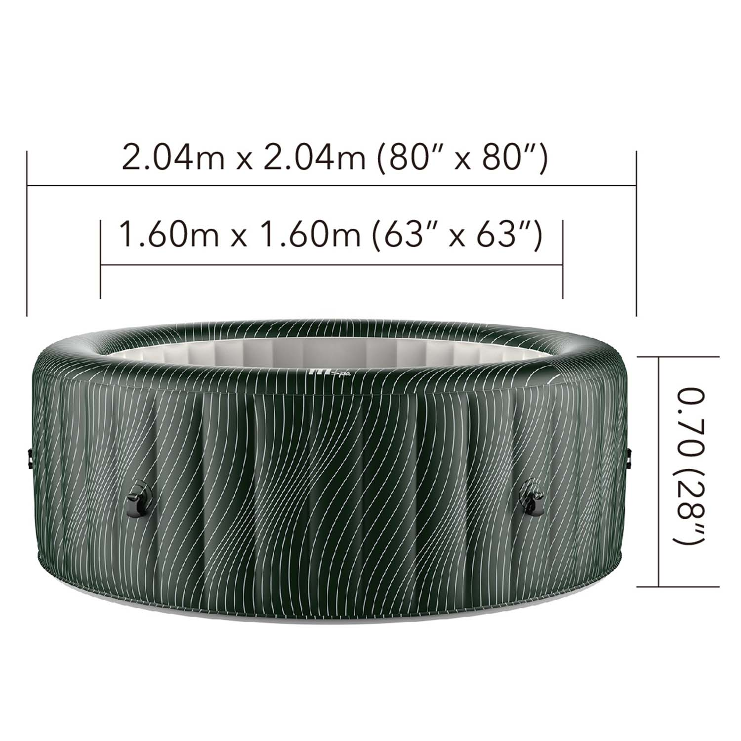 Wyświetlane są wymiary wanny z hydromasażem, pokazując jej wysokość i szerokość zarówno w metrach, jak i calach.