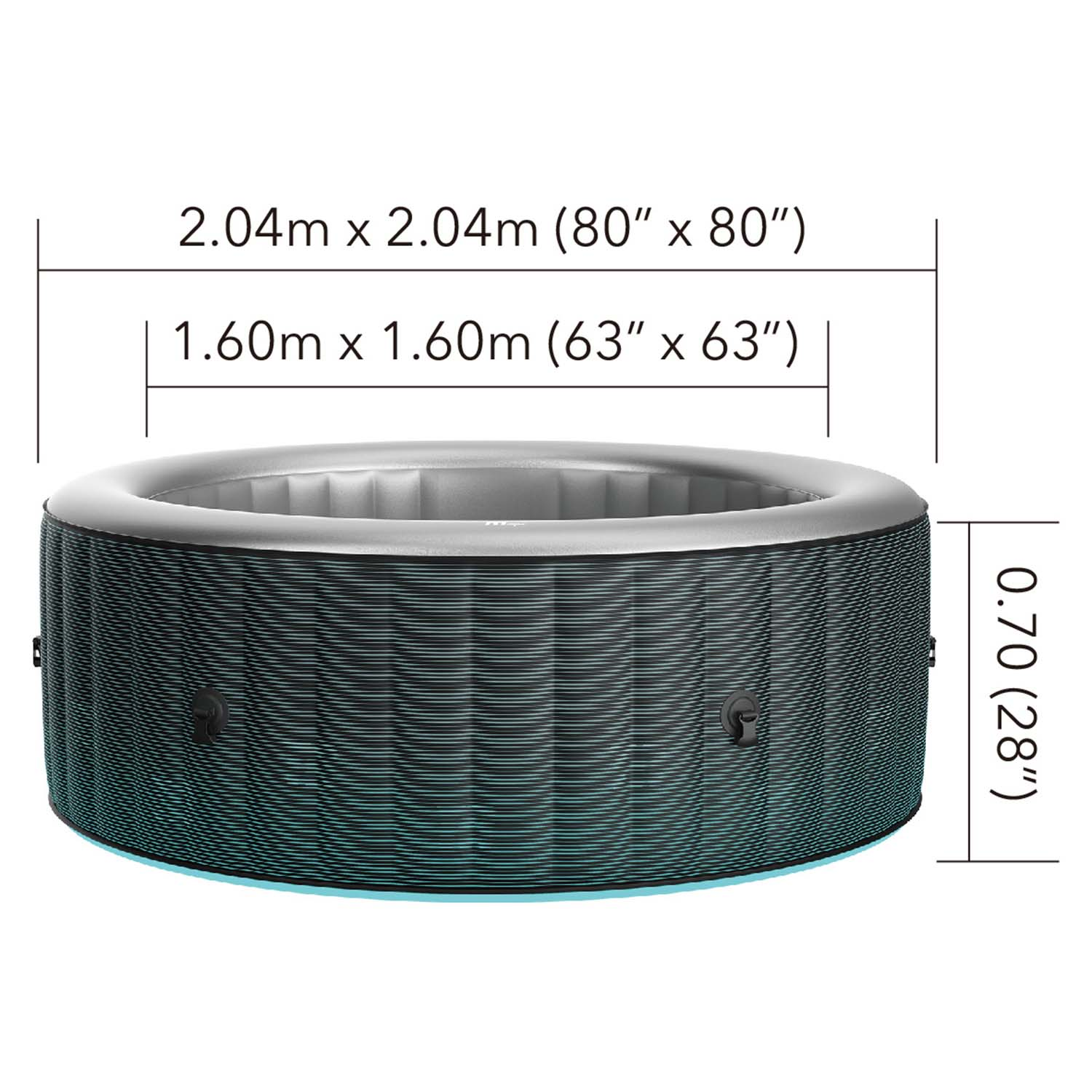 Obraz przedstawia wymiary okrągłej wanny z hydromasażem z wymiarami w metrach i calach.