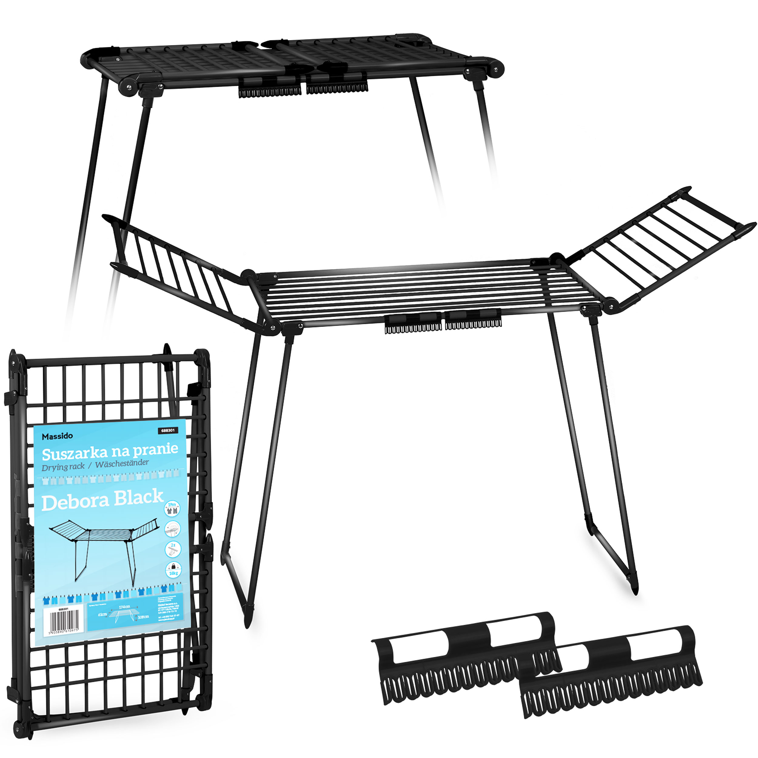 Czarna suszarka do ubrań jest pokazana w różnych konfiguracjach na białym tle.