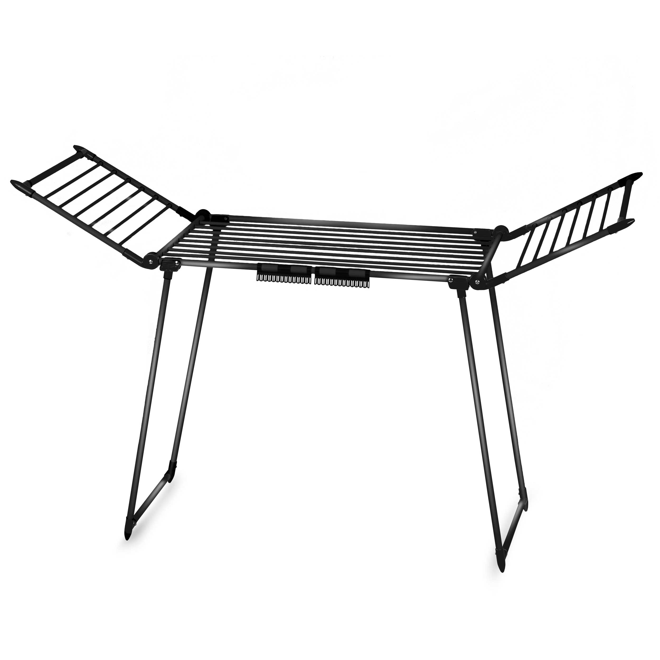 Czarna suszarka do ubrań jest pokazana w otwartej konfiguracji na białym tle.