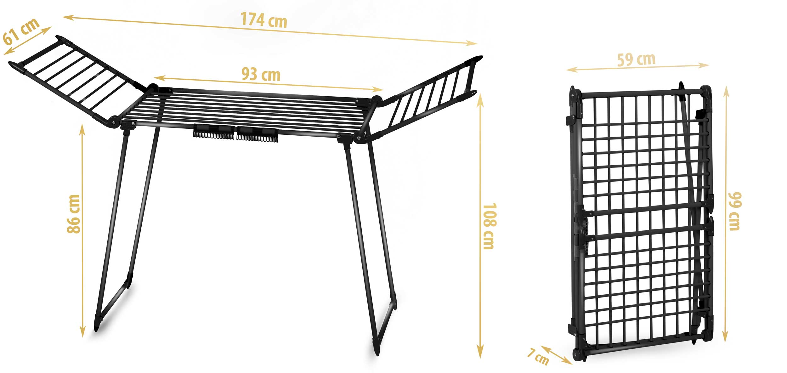 Schemat z wymiarami czarnej suszarki do ubrań w konfiguracji otwartej i złożonej.