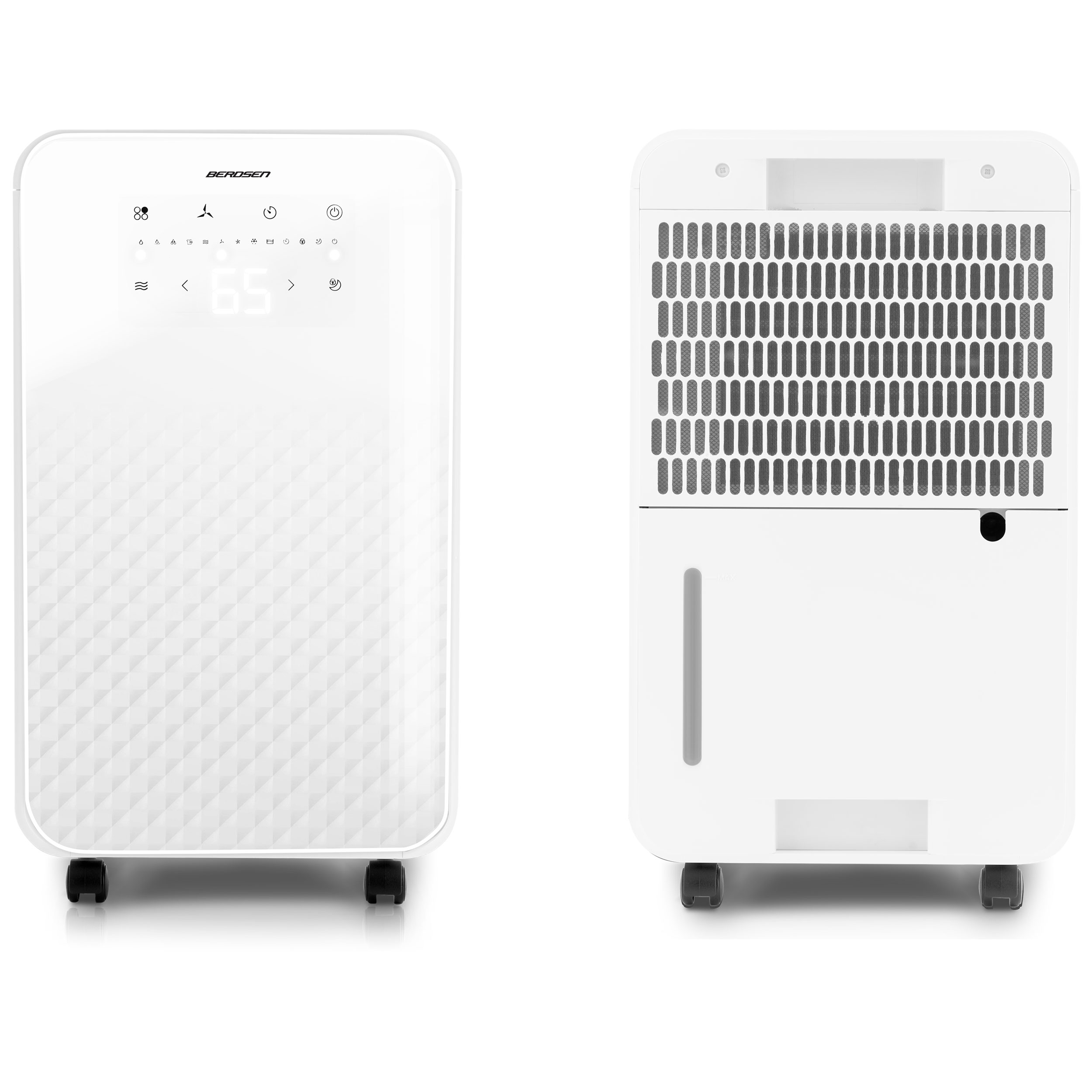 Widok z przodu i z tyłu białego osuszacza powietrza z cyfrowym wyświetlaczem i zbiornikiem na wodę.