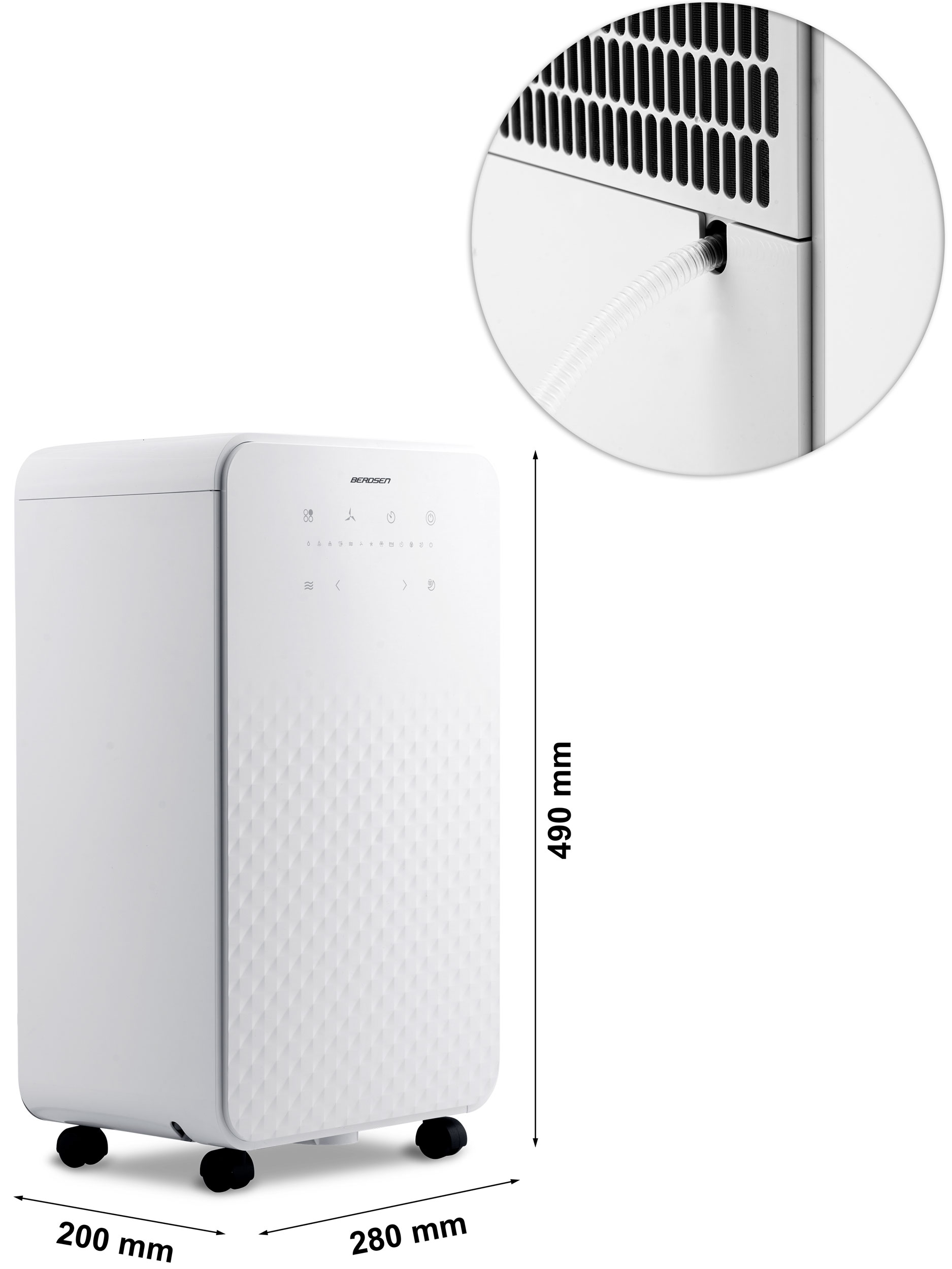 Biały osuszacz powietrza z wymiarami i zbliżeniem na rurkę odpływową.