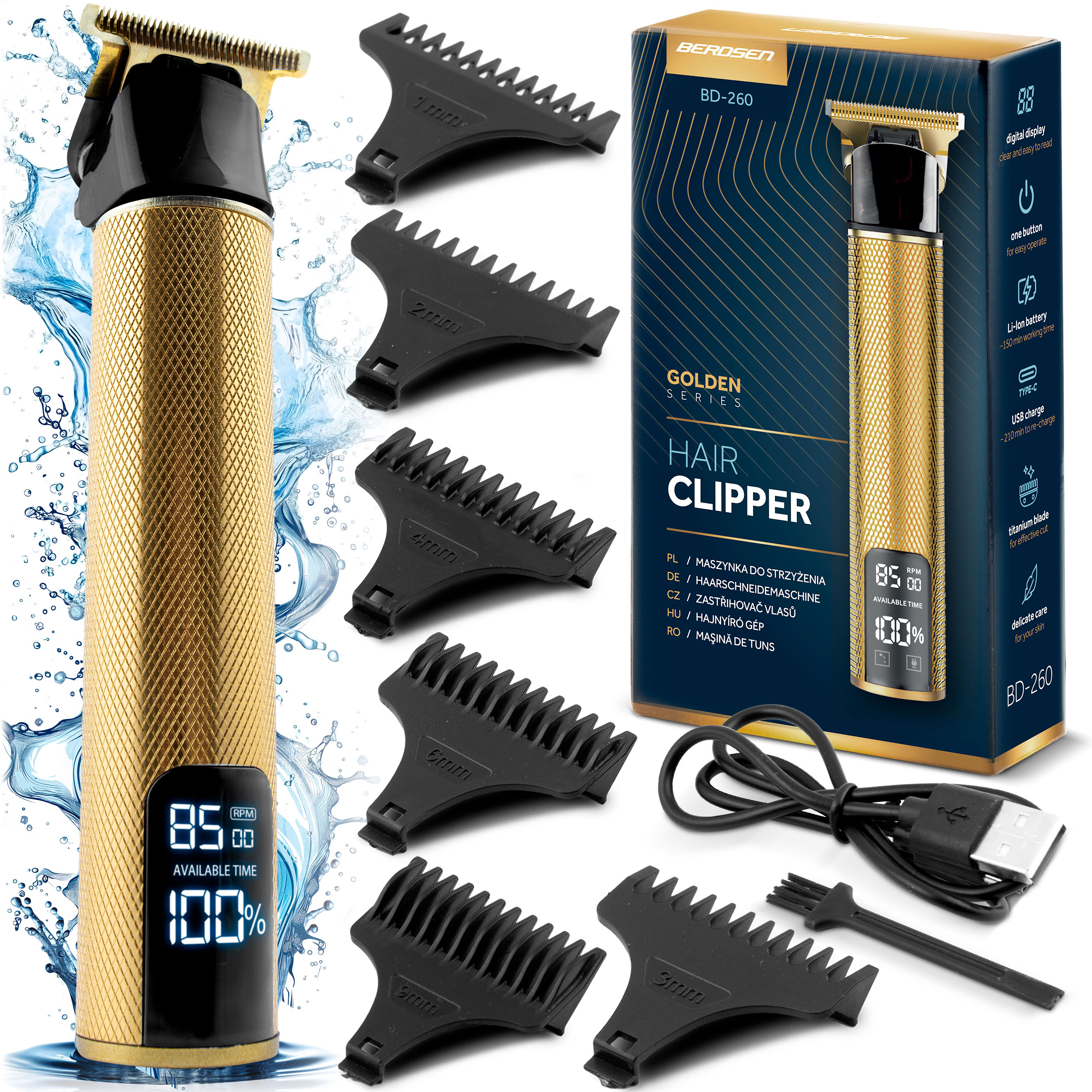Złota maszynka do strzyżenia włosów Berosen BD-260 z nasadkami, ładowarką, szczoteczką do czyszczenia i pudełkiem na białym tle.