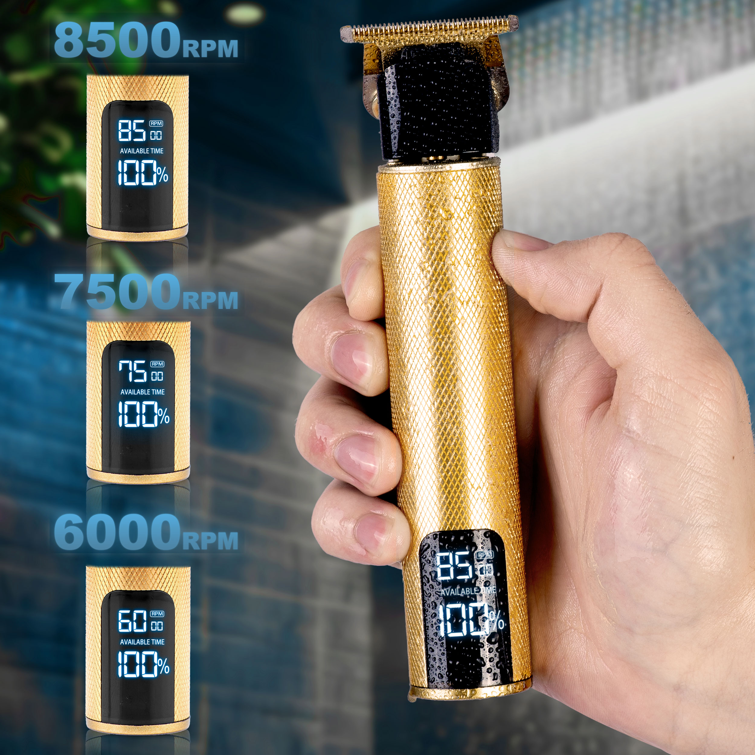 Złota maszynka do strzyżenia włosów trzymana w dłoni, z cyfrowym wyświetlaczem pokazującym baterię i RPM przy różnych poziomach mocy.