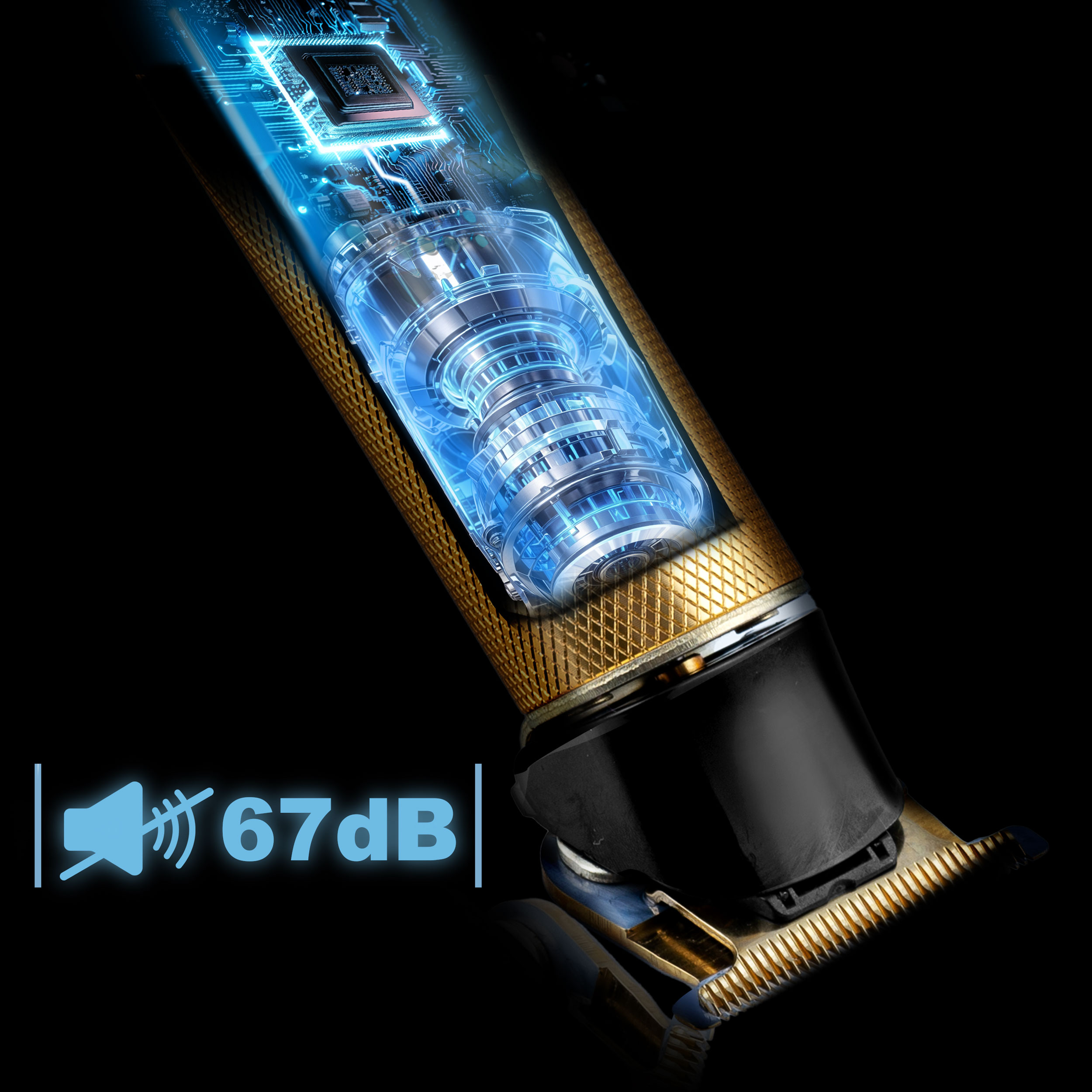 Przezroczysty widok wewnętrznego mechanizmu złotej maszynki do strzyżenia włosów, ukazujący jej silnik i komponenty cyfrowe.