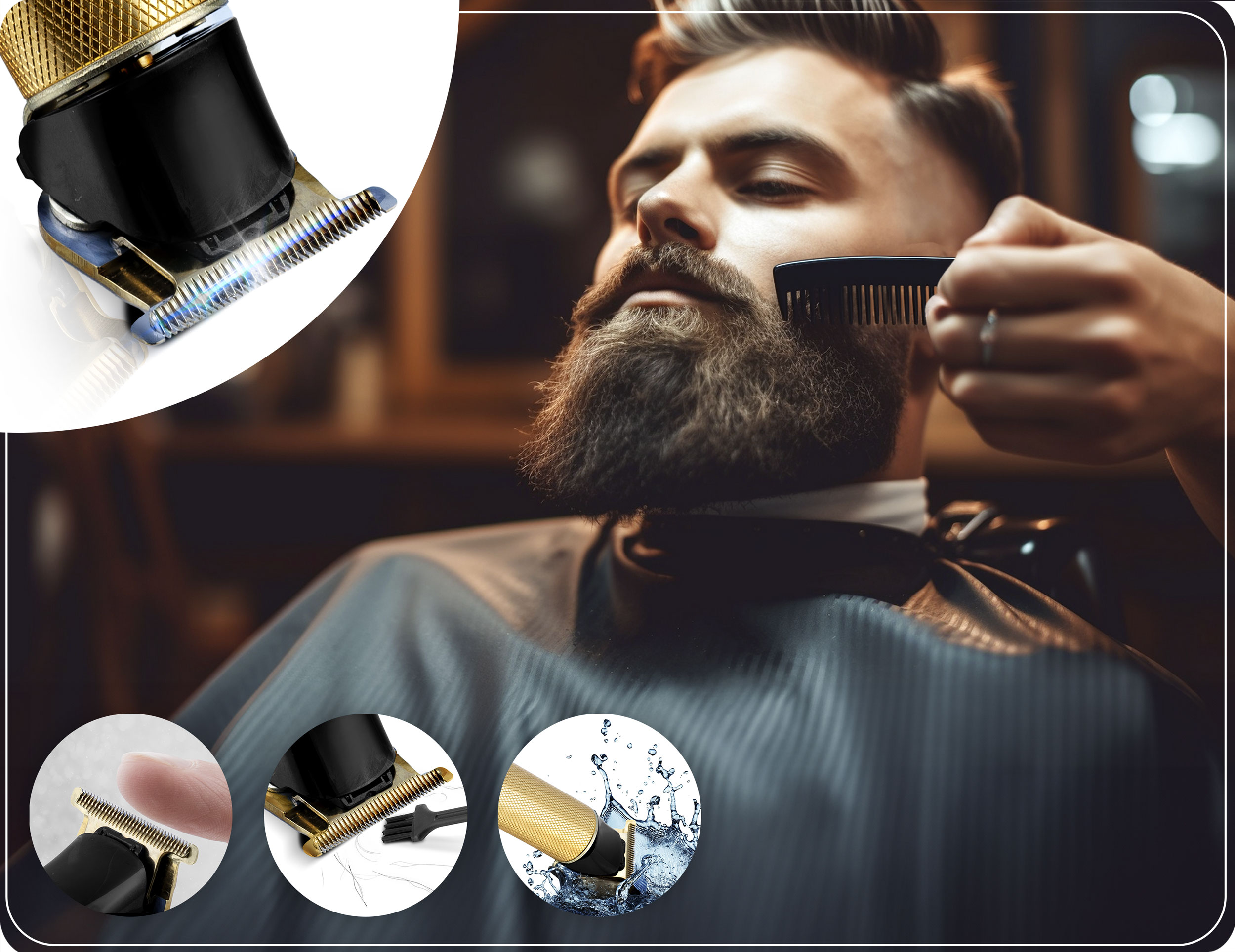Mężczyzna, który otrzymuje przycięcie brody, ze złotymi detalami maszynki do strzyżenia włosów w lewym górnym rogu i cechami produktu poniżej.