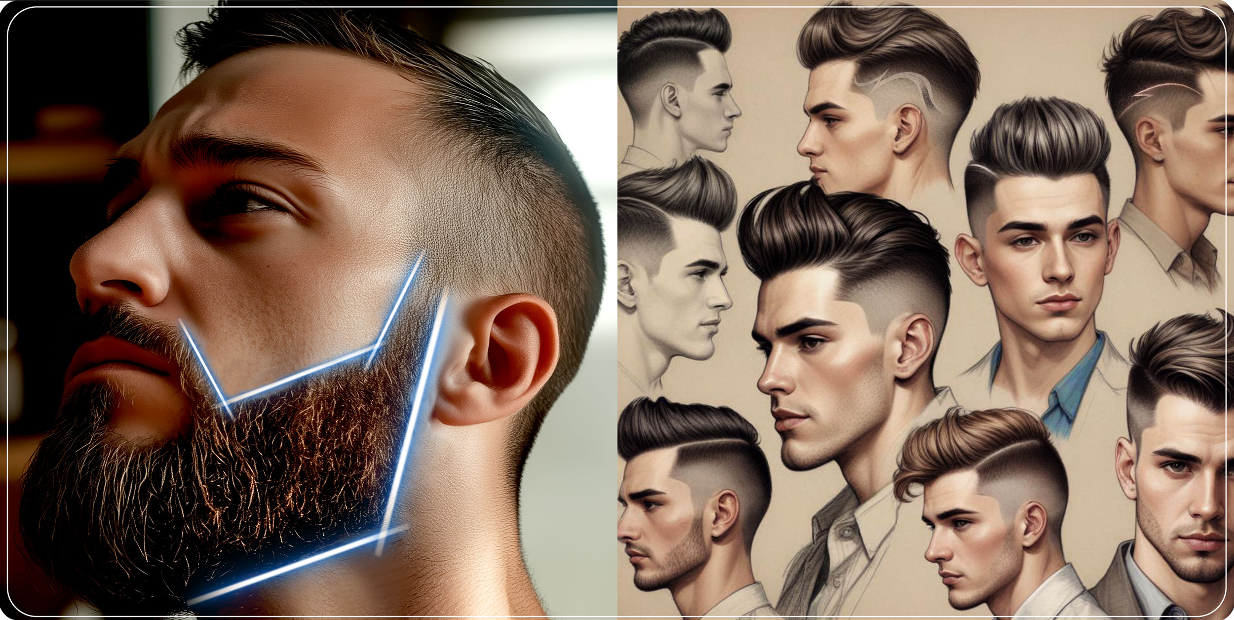 Podzielony obraz mężczyzny z obrysowanym obszarem brody i kolaż różnych męskich fryzur.