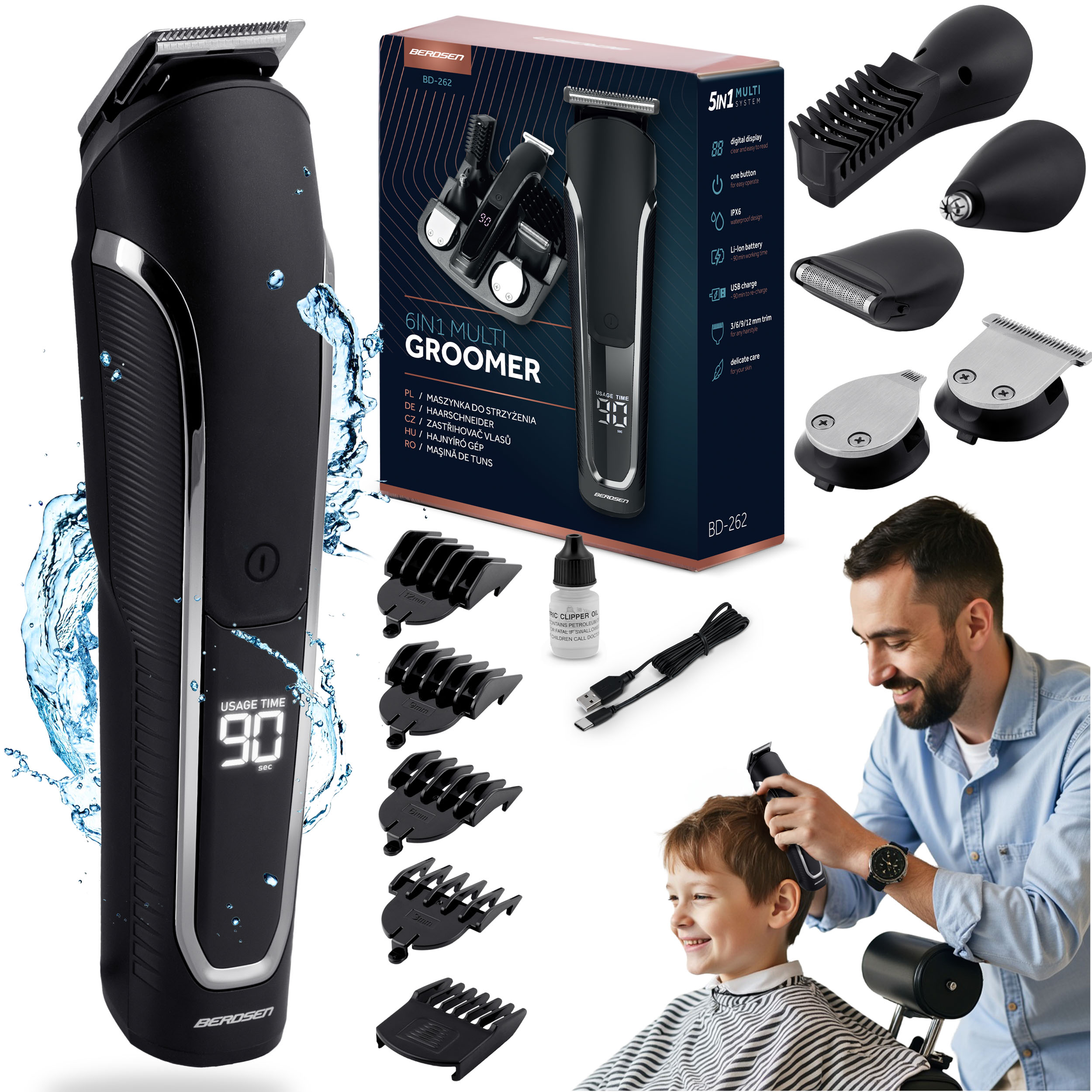 Czarny zestaw do pielęgnacji wielofunkcyjnej używany do obcinania włosów dziecku, opakowanie w tle i akcesoria.