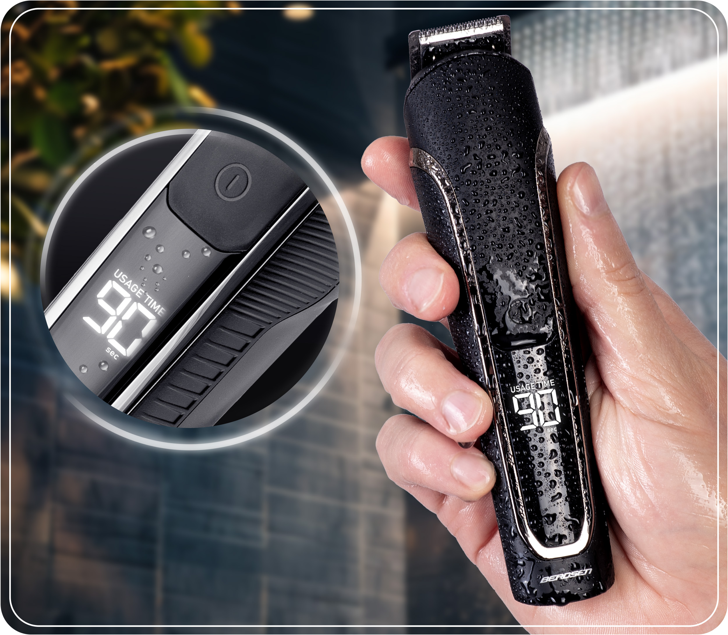 Ręka trzymająca czarny elektryczny przyrząd do pielęgnacji z kroplami wody i cyfrowym wyświetlaczem pokazującym „90 s”.