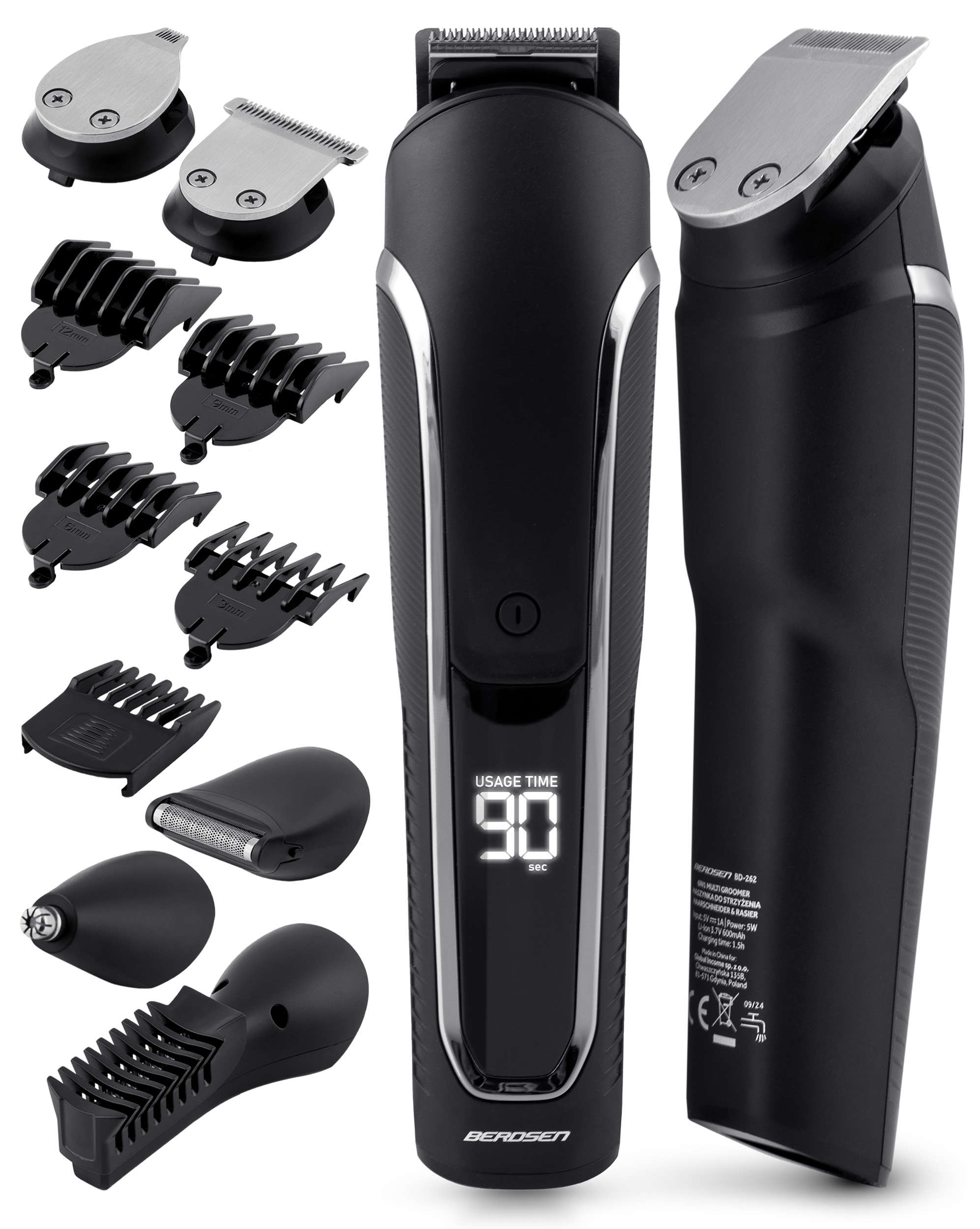 Czarny elektryczny przyrząd do pielęgnacji z nasadkami i cyfrowym wyświetlaczem pokazującym „90 s”, odizolowany na białym tle.