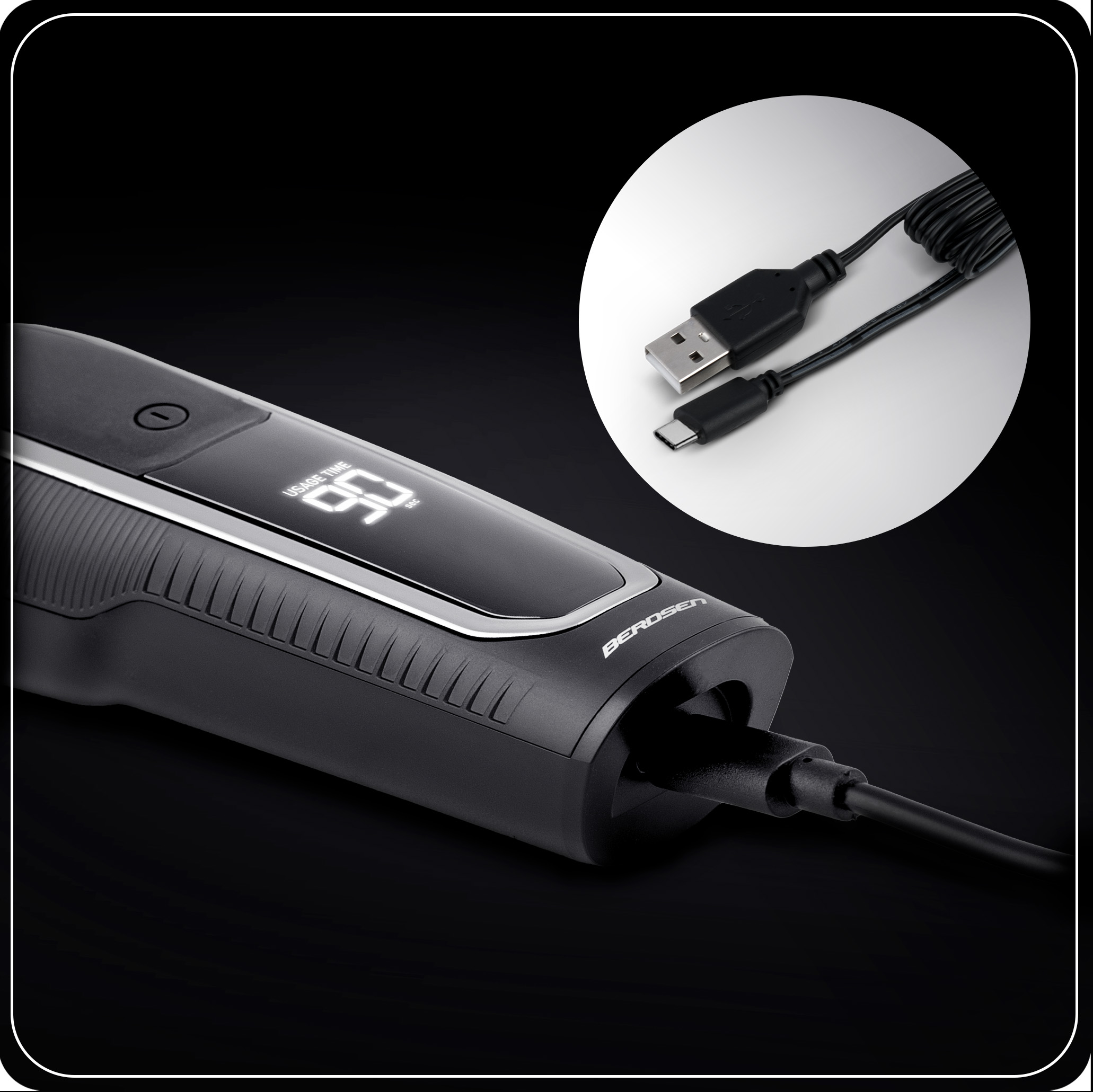 Czarna golarka podłączona do kabla USB wyświetlająca czas użytkowania na wyświetlaczu cyfrowym.