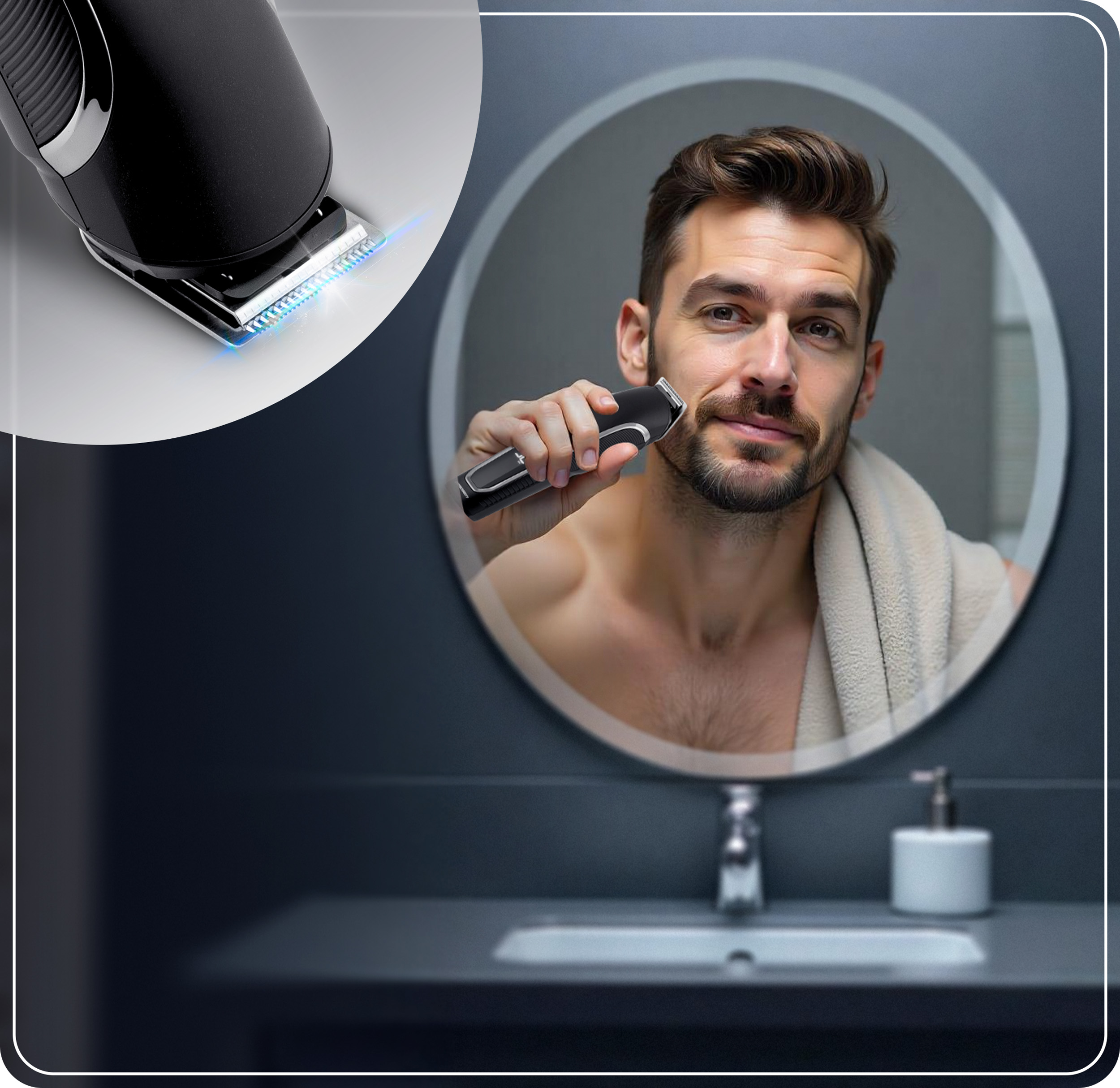 Mężczyzna goli się w lustrze czarną golarką, z ręcznikiem na szyi.