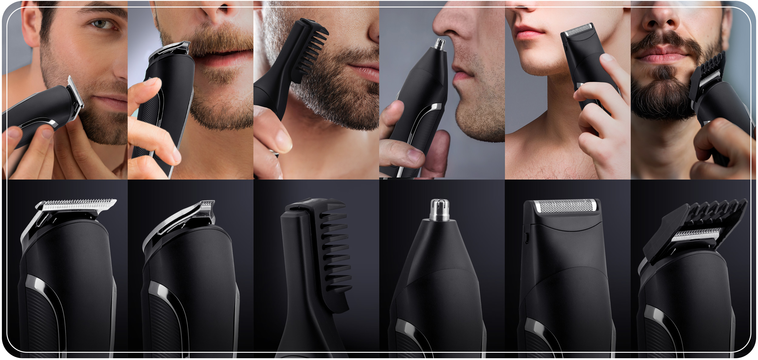 Kolaż mężczyzny używającego czarnej golarki na różne sposoby.