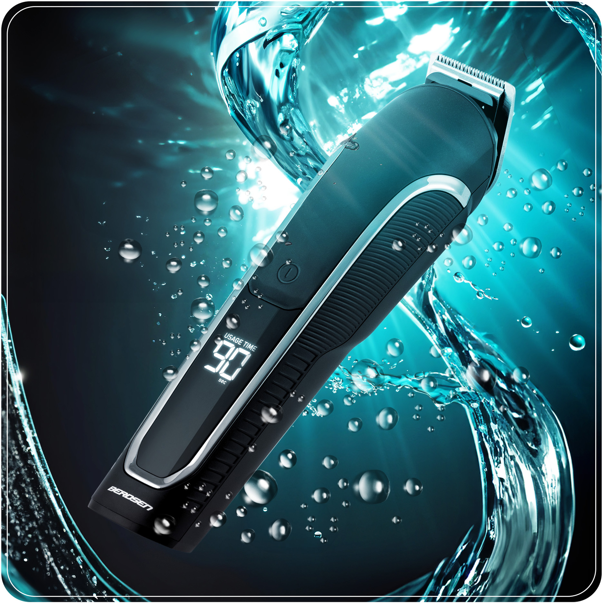 Czarna golarka z czasem użytkowania 90 sekund, otoczona wodą.