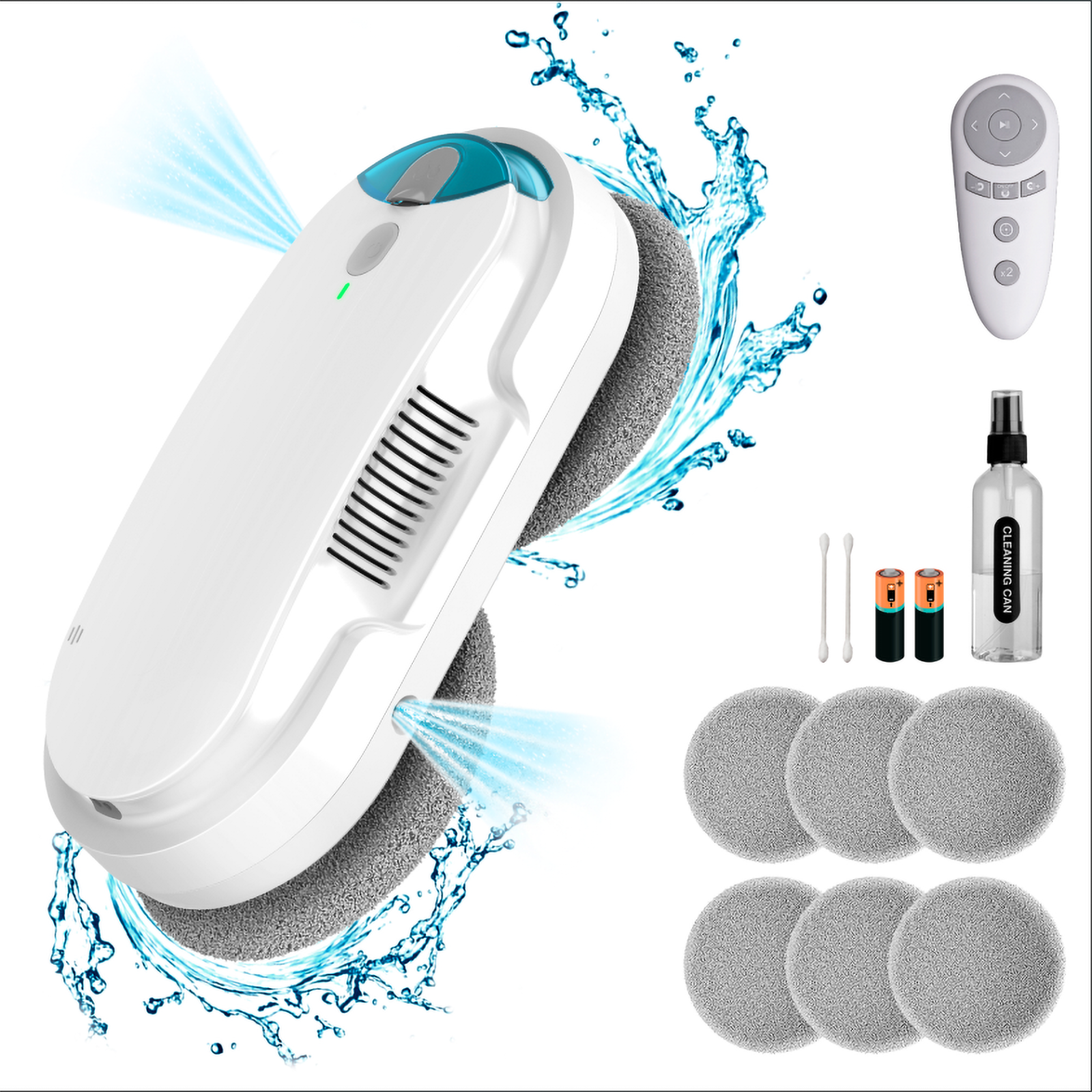 Un robot lavavetri bianco con cuscinetti grigi, spray, telecomando e accessori su sfondo bianco.