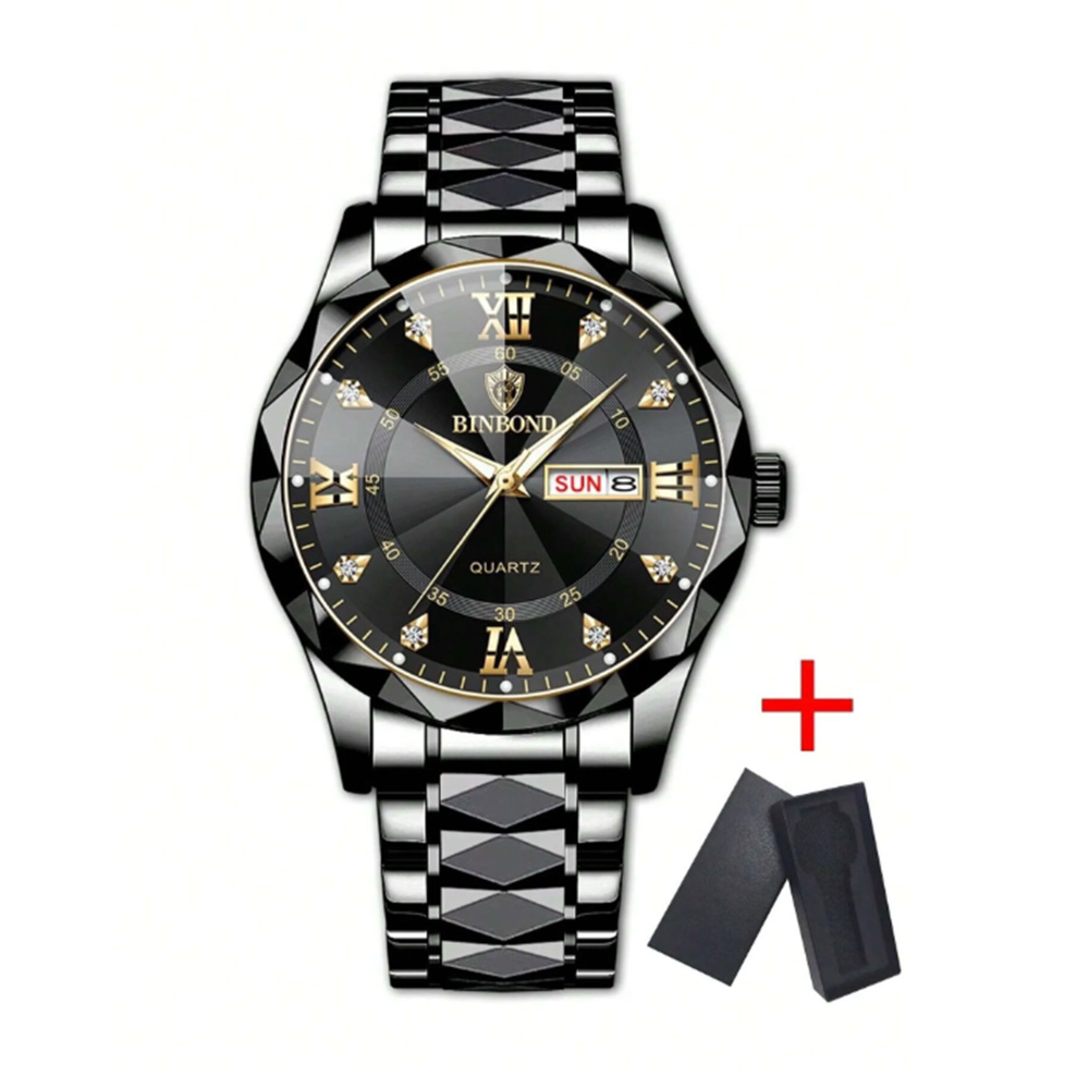 Eine schwarze und silberne BINBOND Armbanduhr wird mit ihrer Schatulle auf einem weißen Hintergrund dargestellt.