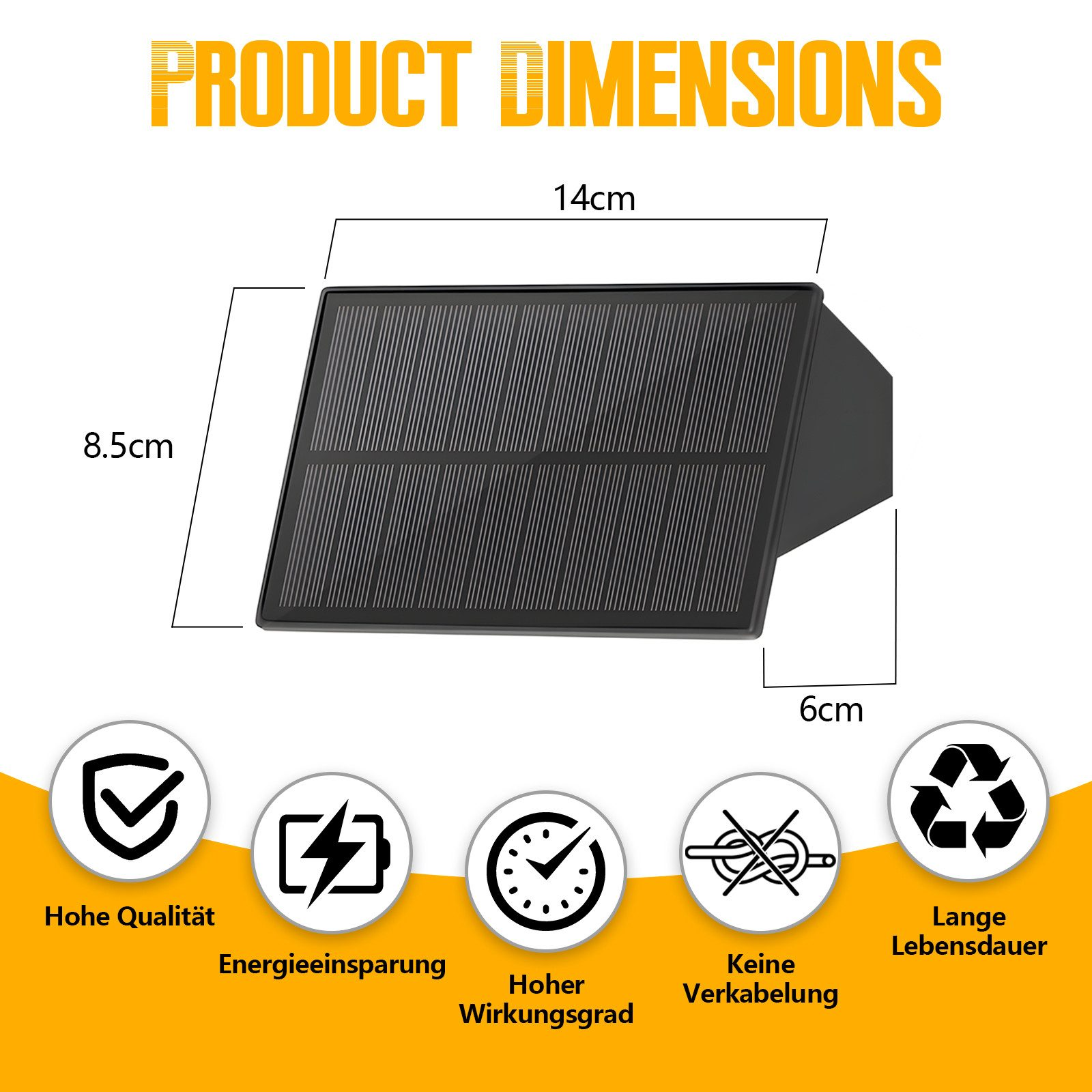 Wymiary produktu są pokazane dla czarnego panelu słonecznego z ikonami wskazującymi na wysoką jakość i oszczędność energii.