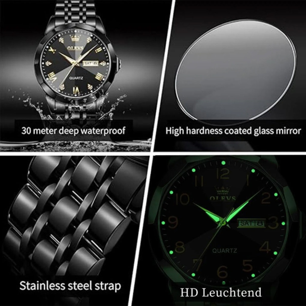 Collage, das Details einer schwarzen OLEVS-Armbanduhr zeigt, einschließlich Wasserdichtigkeit, Glashärte, Armband und Lumineszenz.