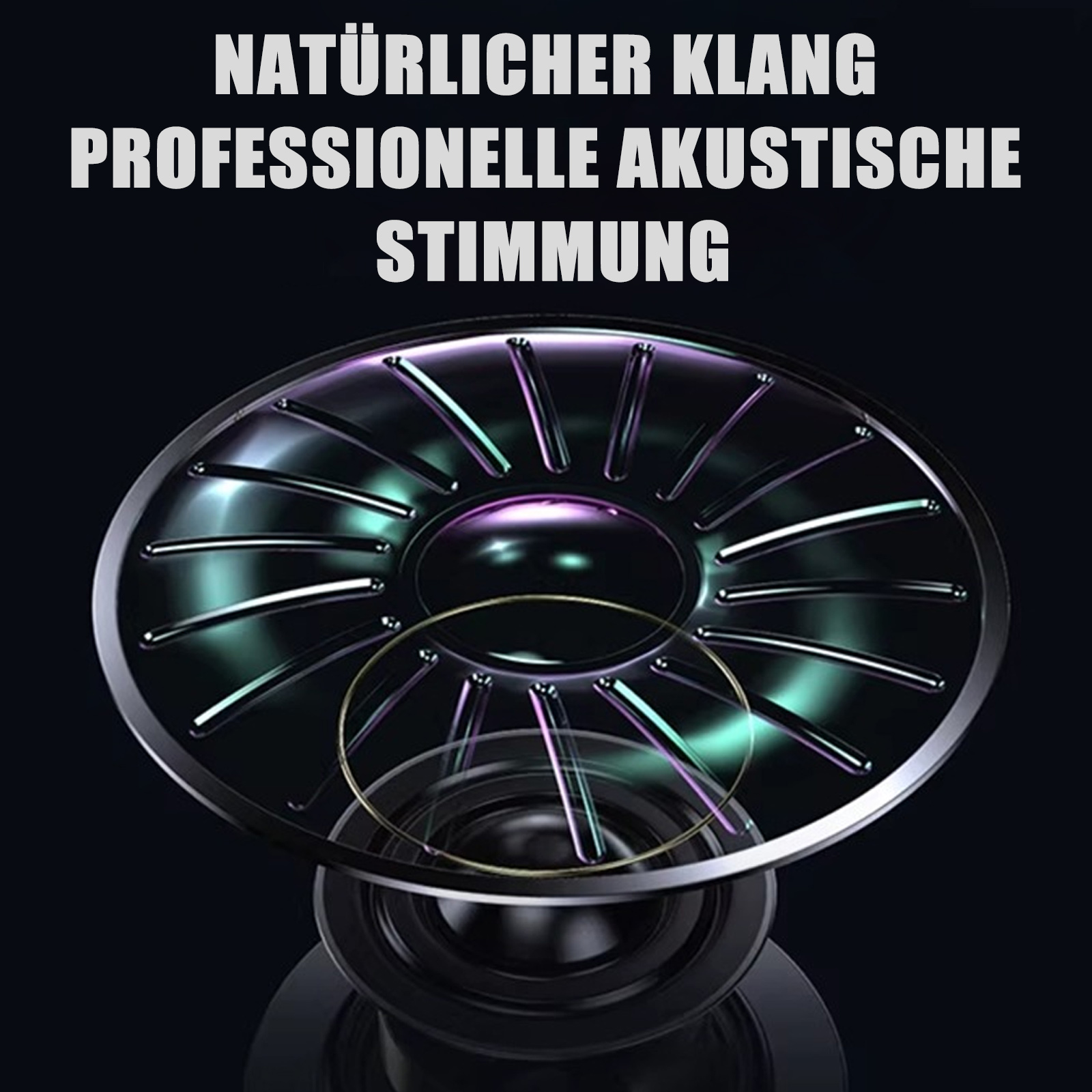 Nahaufnahme einer Lautsprechermembran, die ein durchscheinendes und geschichtetes Design für natürlichen Klang und professionelle Akustik zeigt.