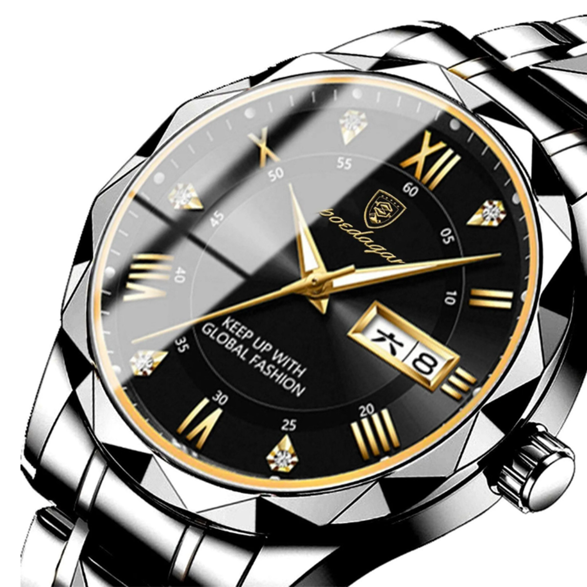Eine silberne GOEDAGAR-Armbanduhr mit schwarzem Zifferblatt, goldenen Zeigern und Datumsanzeige.