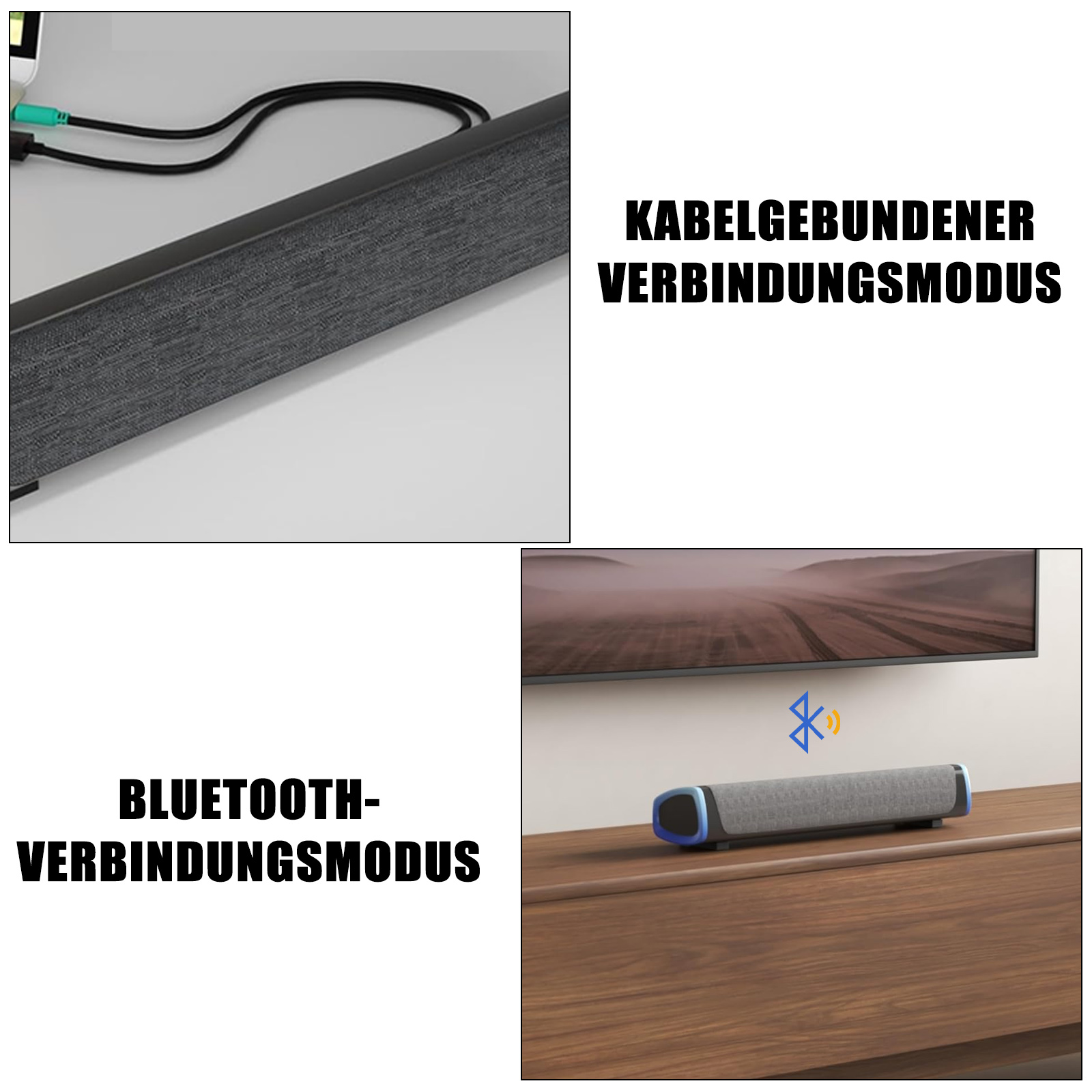 Zwei Bilder zeigen eine graue Soundbar, die kabelgebundene und Bluetooth-Verbindungsoptionen demonstriert.