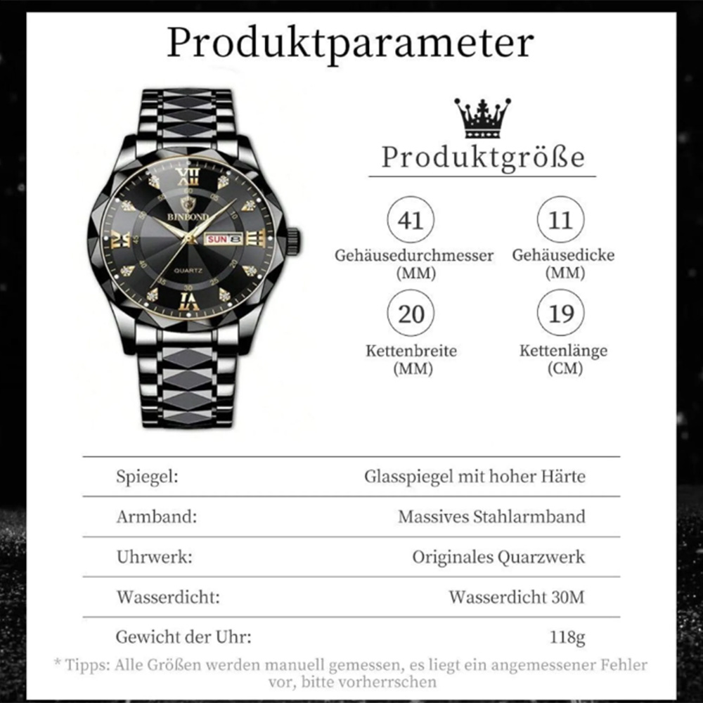 Eine schwarz-goldene Armbanduhr mit Metallarmband zeigt Tag und Uhrzeit an.