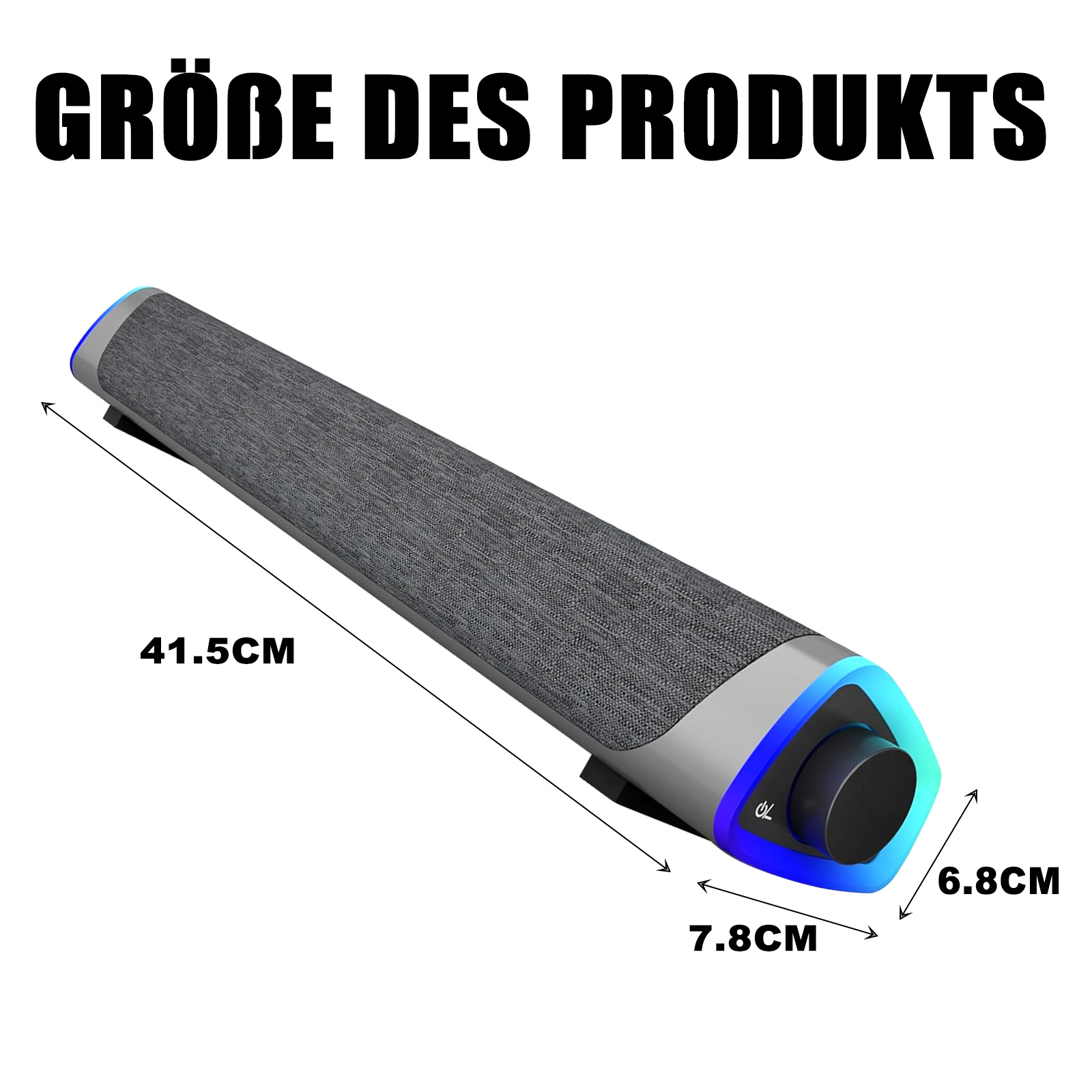 Eine graue Soundbar mit blauen Akzenten steht vor einem weißen Hintergrund und zeigt Produktabmessungen.