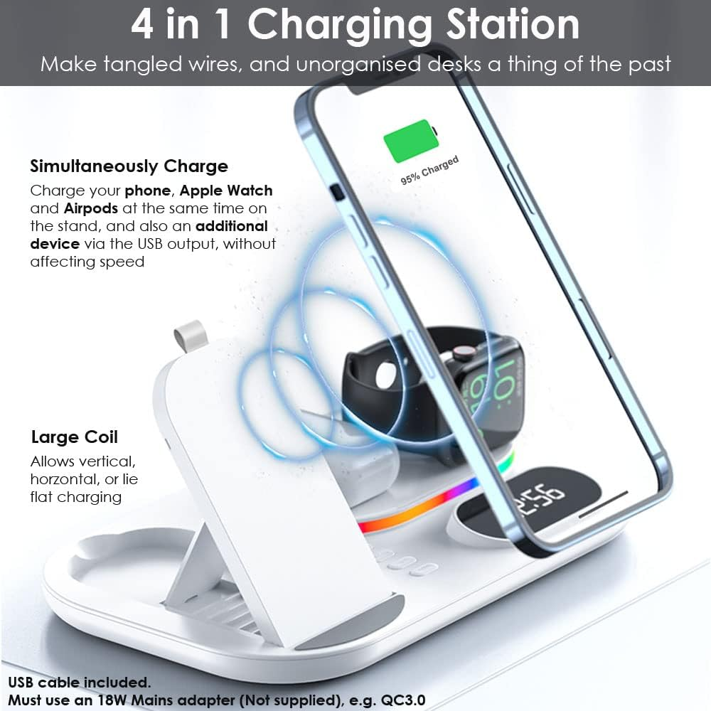 Eine Ladestation lädt gleichzeitig ein Telefon, eine Apple Watch und AirPods auf einer weißen Oberfläche auf.