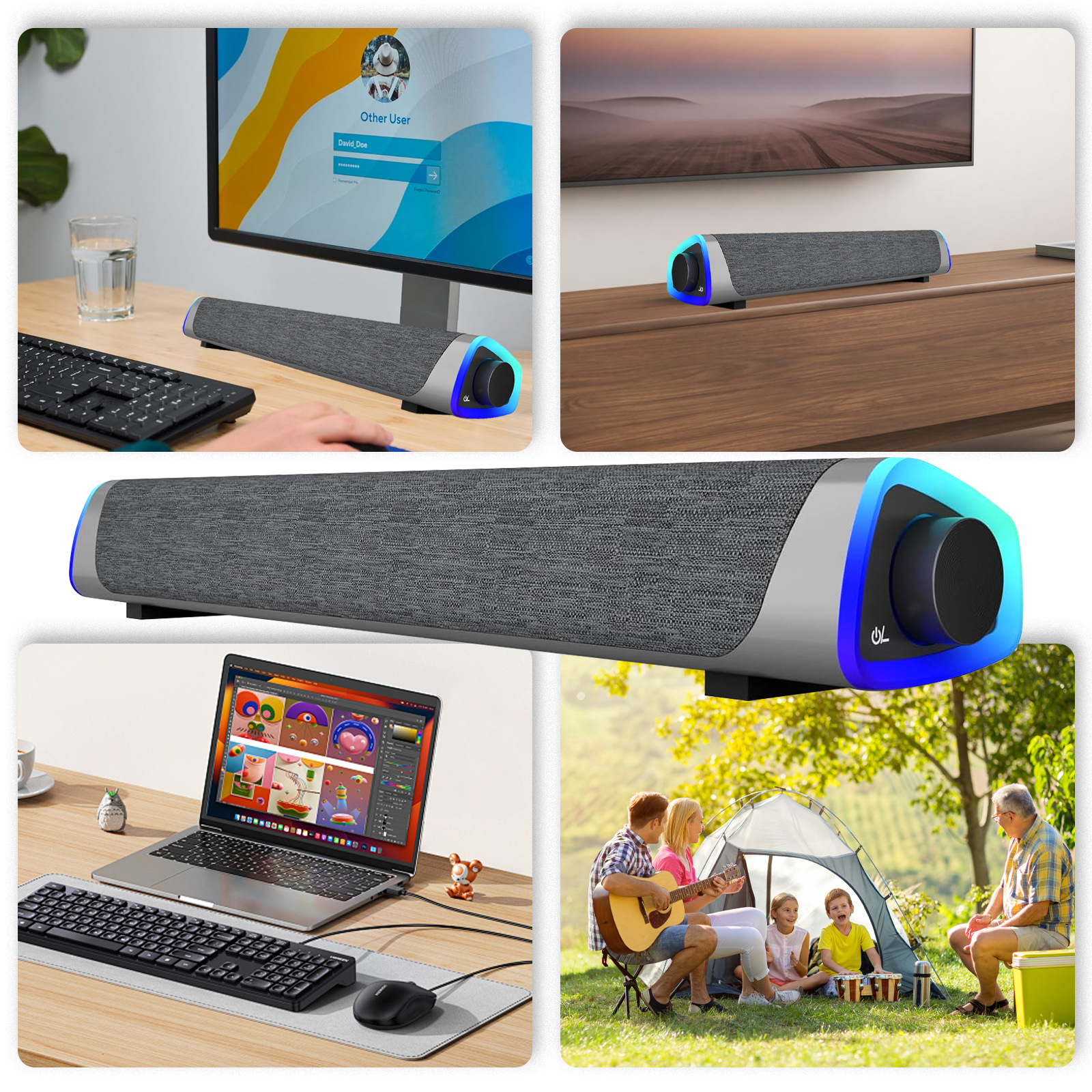 Eine graue Soundbar mit blauen Akzenten wird in verschiedenen Umgebungen gezeigt, darunter ein Schreibtisch, ein TV-Ständer und im Freien.